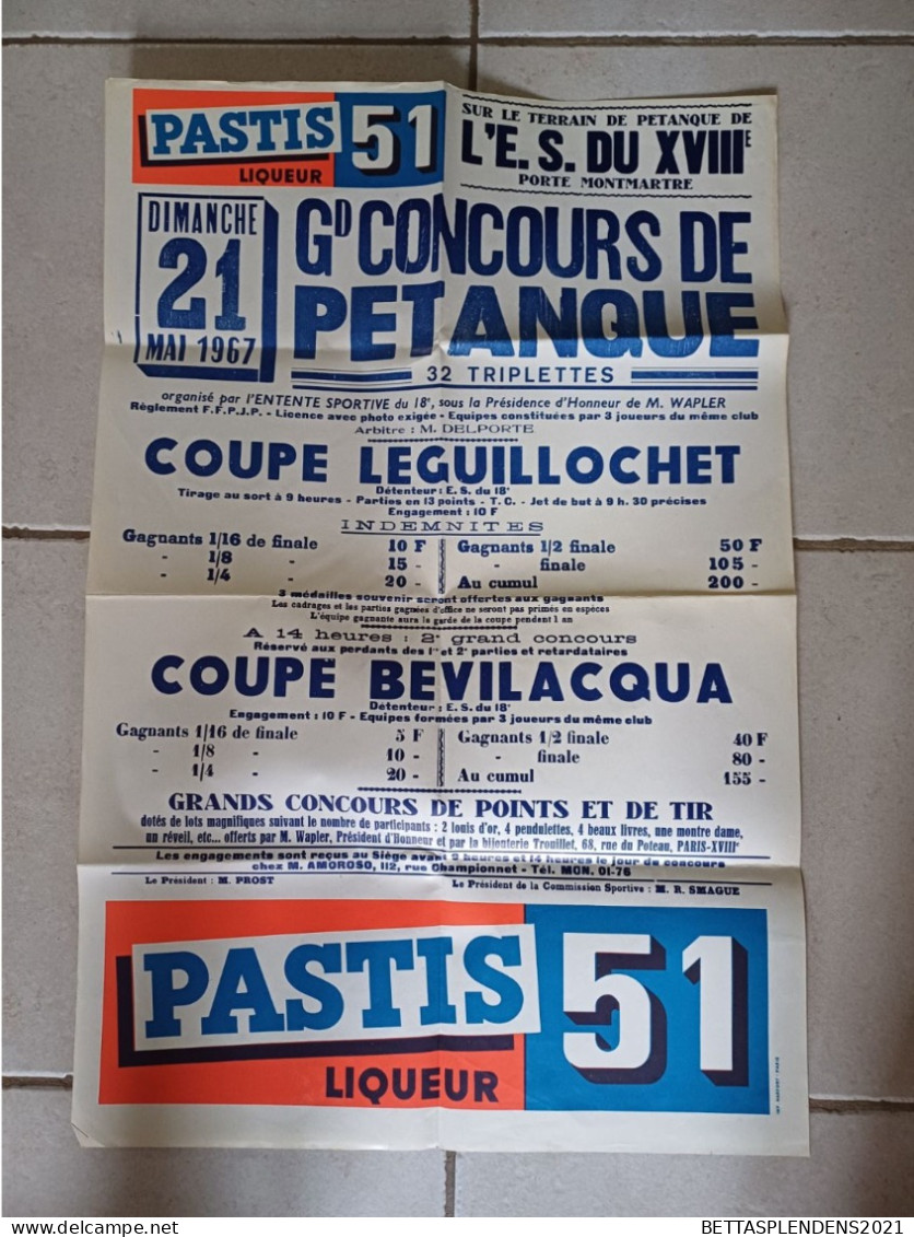 Affiche - Grand Concours De PETANQUE - 32 Triplettes - Coupe LEGUILLOCHET - Mai 1967- Publicité PASTIS 51 - Manifesti