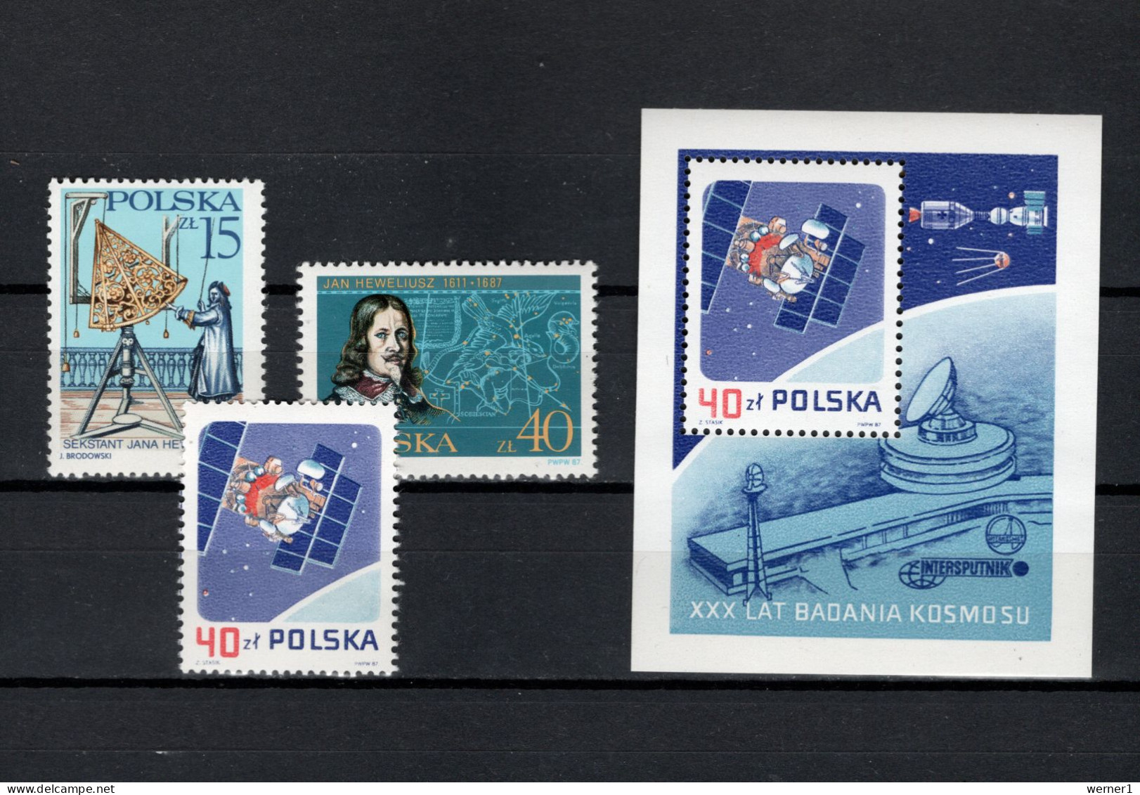 Poland 1987 Space, Johannes Hevelius, 30 Years Space Exploration 3 Stamps + S/s MNH - Europa