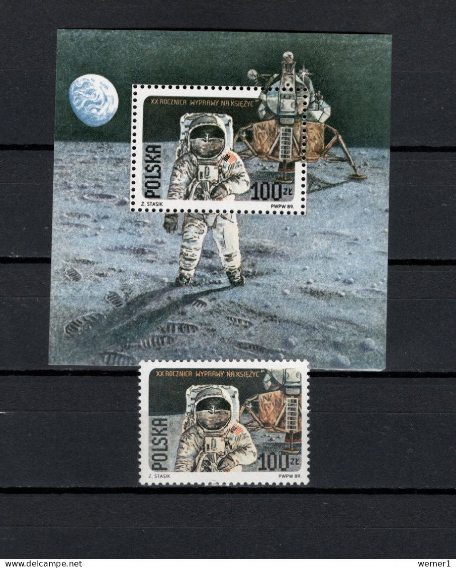 Poland 1989 Space, 20th Anniversary Of Apollo 11 Moonlanding Stamp + S/s MNH - Europe