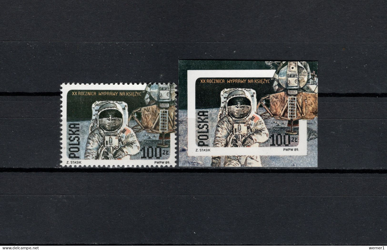 Poland 1989 Space, 20th Anniversary Of Apollo 11 Moonlanding Stamp From S/s Perf. And Imperf. MNH - Europa