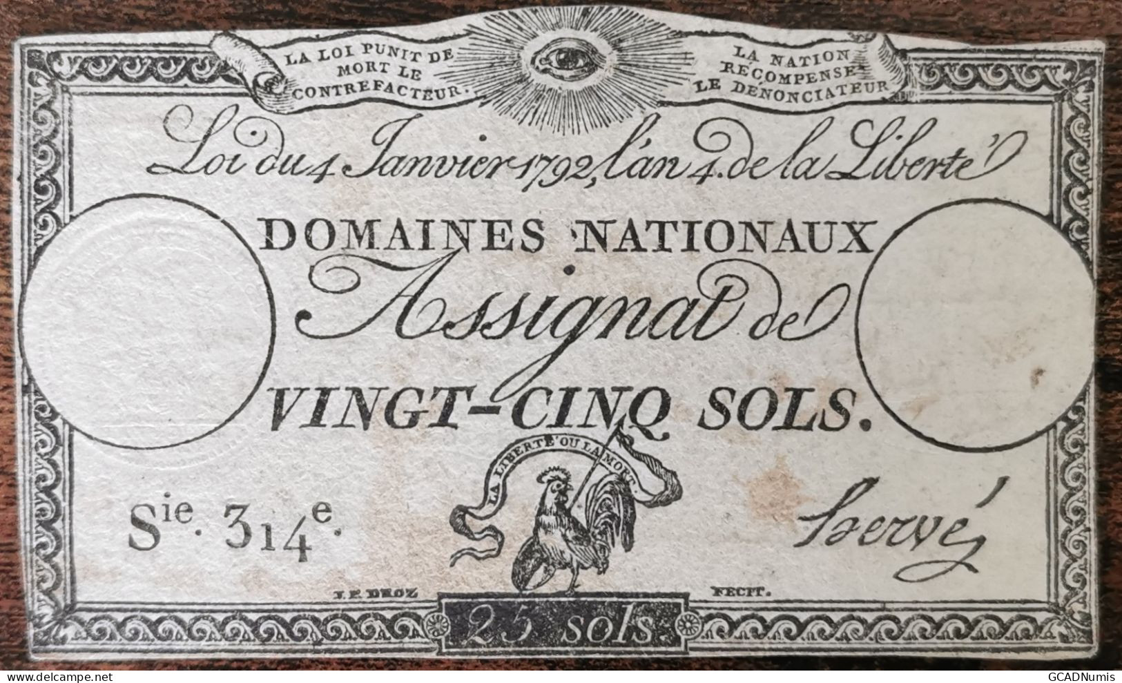 Assignat 25 Sols - 4 Janvier 1792 - Série 314 - Domaine Nationaux - Assegnati