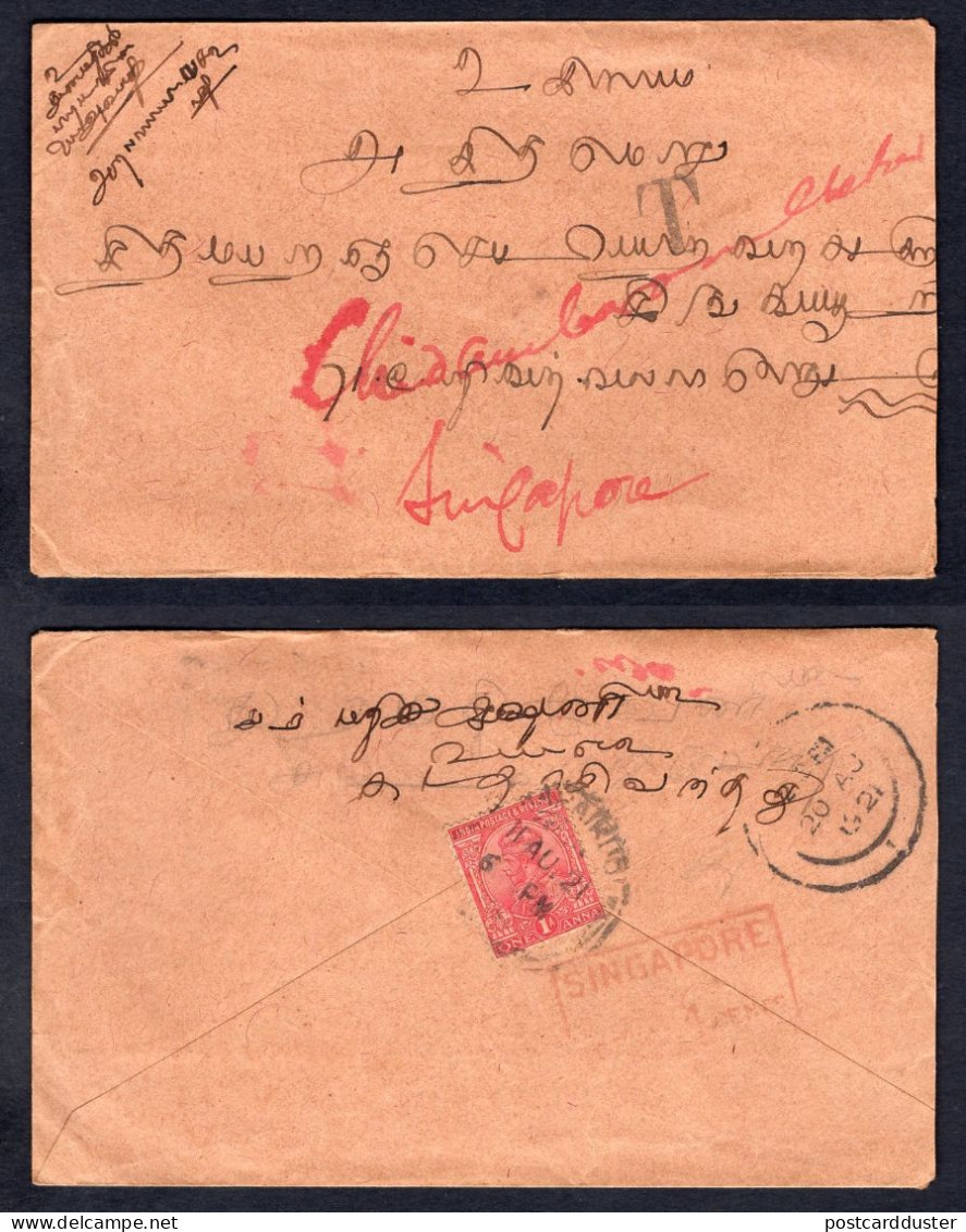 INDIA 1921 Cover To Singapore. Postage Due (p1526) - 1911-35 Roi Georges V