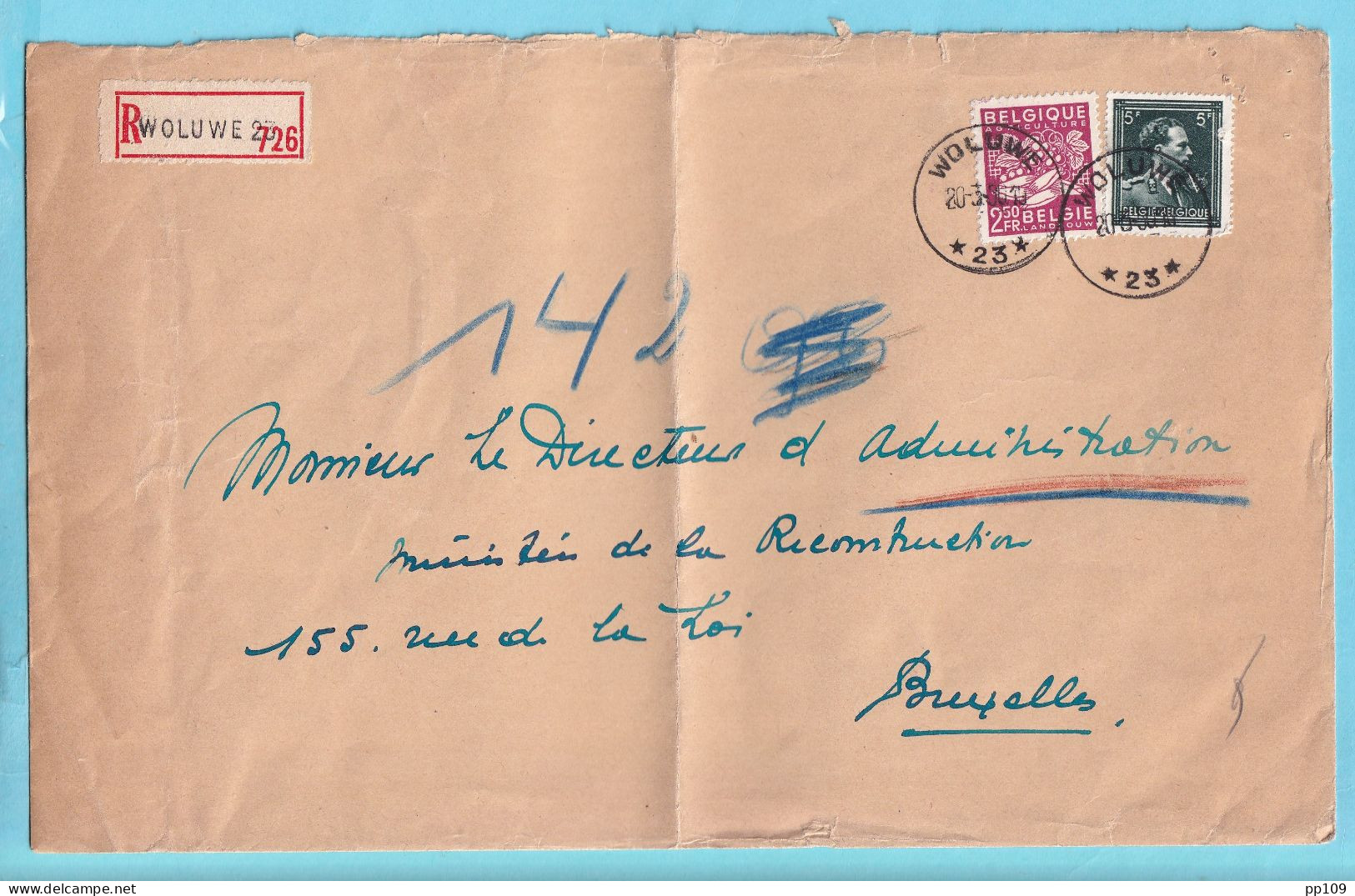 L RECOMMANDE Agence WOLUWE 23 Le 20 III 50 - Pas Courant  - Postmarks With Stars