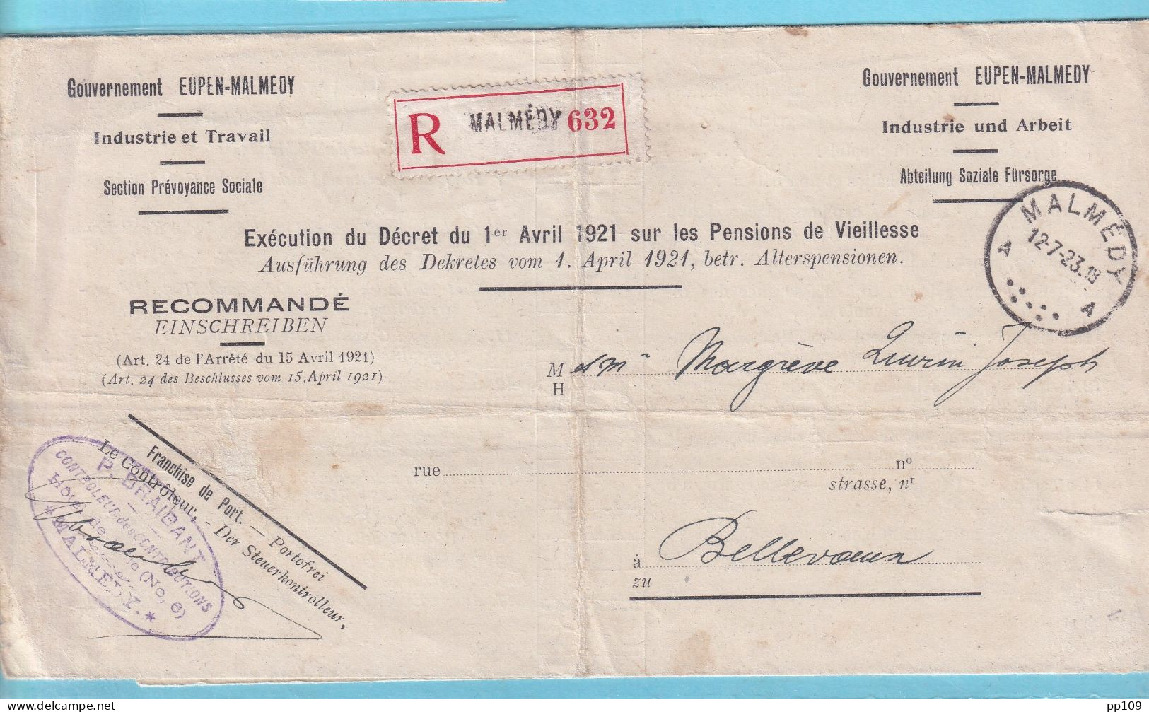 Gouvernement EUPEN MALMEDY - Section Prévoyance Sociale RECOMMANDE Franchise De Port 12 VII 1923  - OC55/105 Eupen & Malmédy
