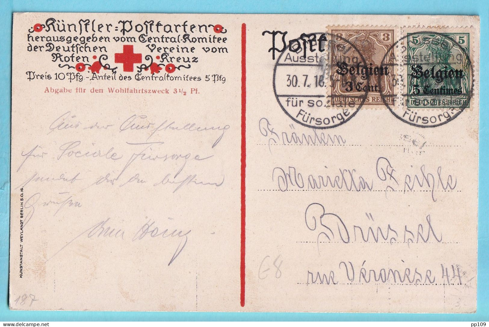 14-18 LOTTE LIEBING Blessé  Roten Kreuz Obl. BRUSSEL Ausstellung Fürsorge 30 VII 1916 Rare Courrier Non Philatélique  - OC1/25 Governo Generale