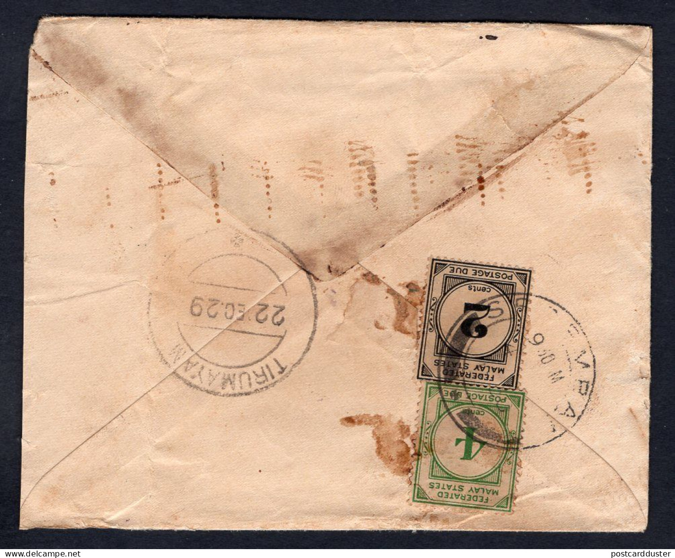 INDIA 1929 Cover To Malaysia. Federated Malay States Postage Due Stamps (p1938) - 1911-35 Roi Georges V