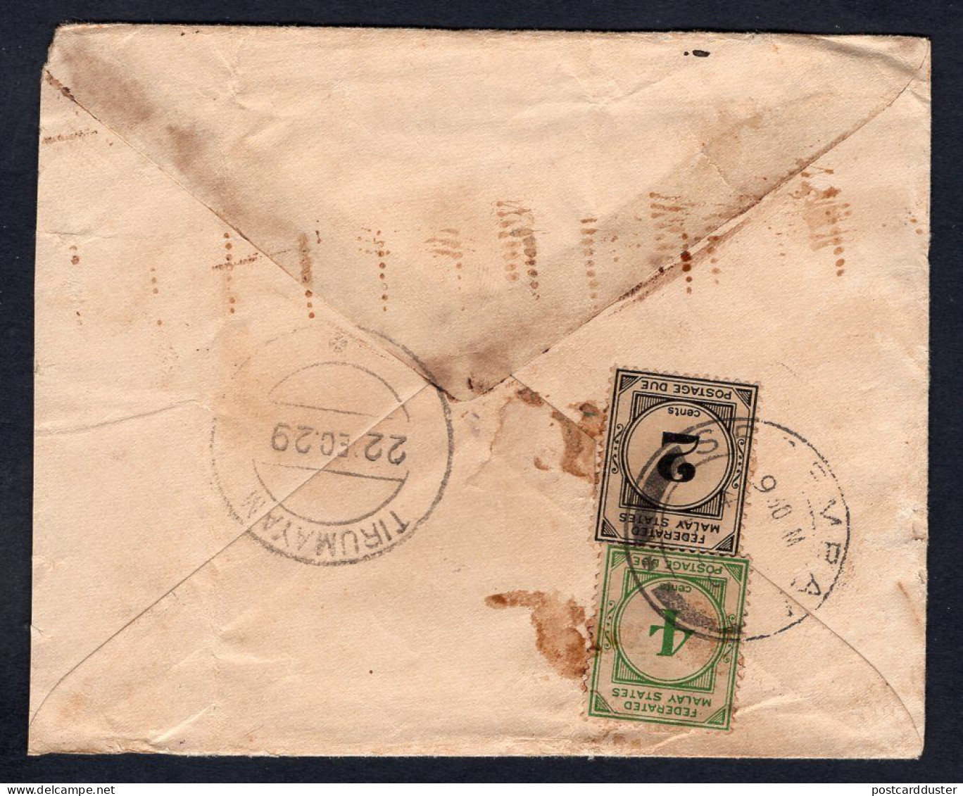 INDIA 1929 Cover To Malaysia. Federated Malay States Postage Due Stamps (p1938) - 1911-35 King George V