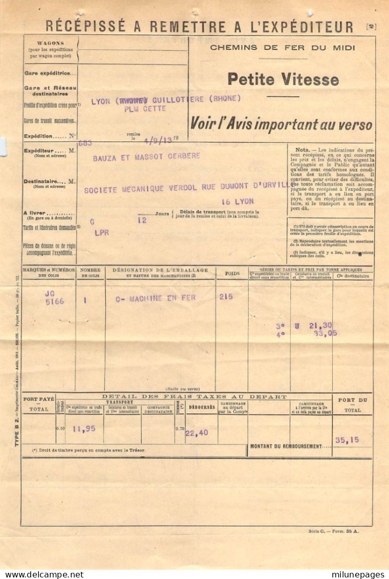 Récépissé De Transport Petite Vitesse Des Chemins De Fer Du Midi Lyon Guillotière PLM Cette 1913 - Railway