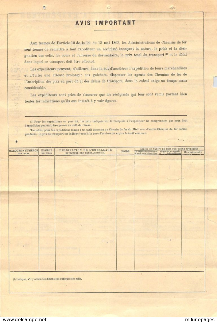 Récépissé De Transport Petite Vitesse Des Chemins De Fer Du Midi Lyon Guillotière PLM Cette 1913 - Railway