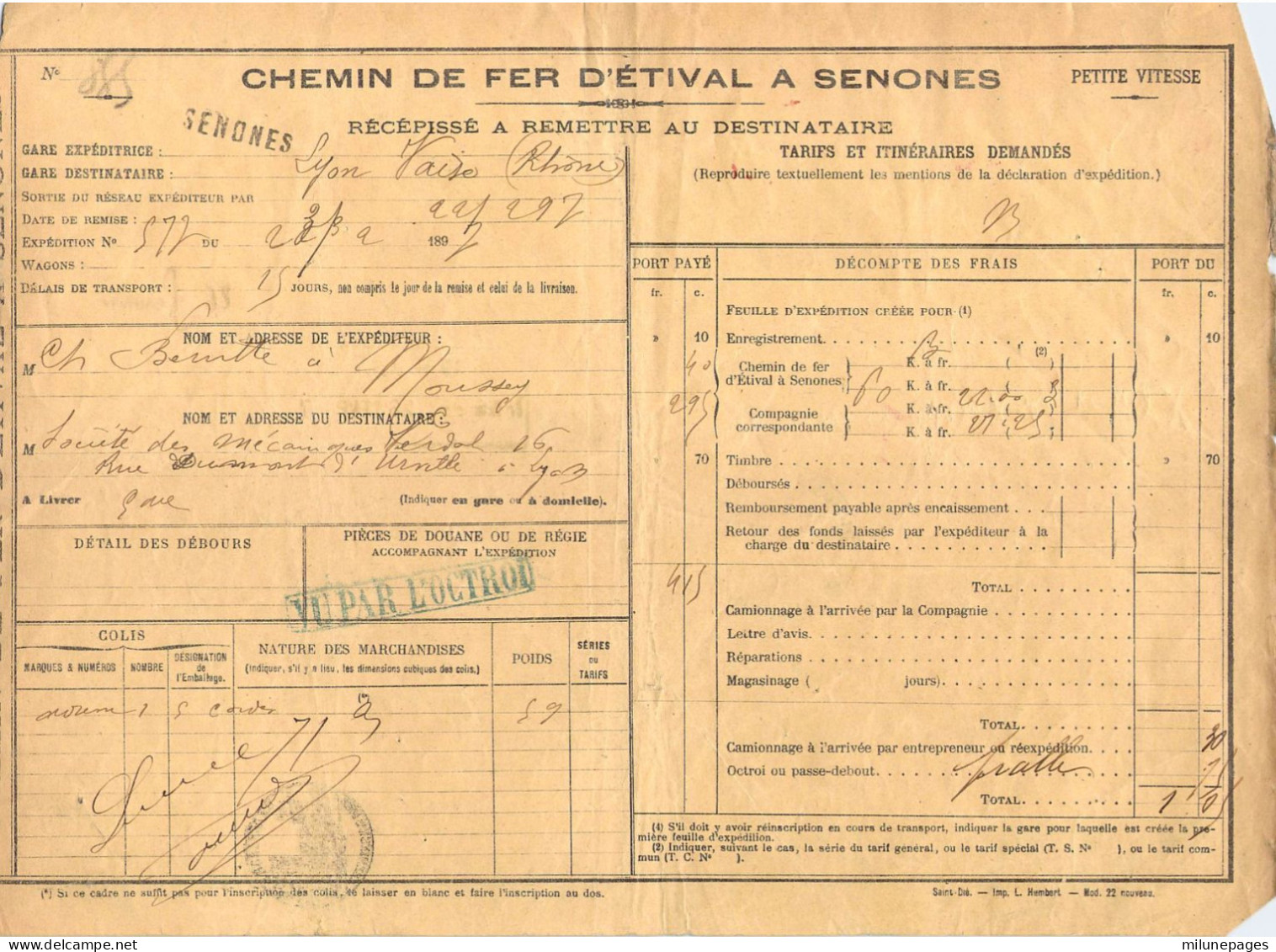 Récepissé Transport Chemin De Fer D'Etival à Senones En Petite Vitesse Pour 1 Colis En 1897 Nombreux Cachets - Otros & Sin Clasificación