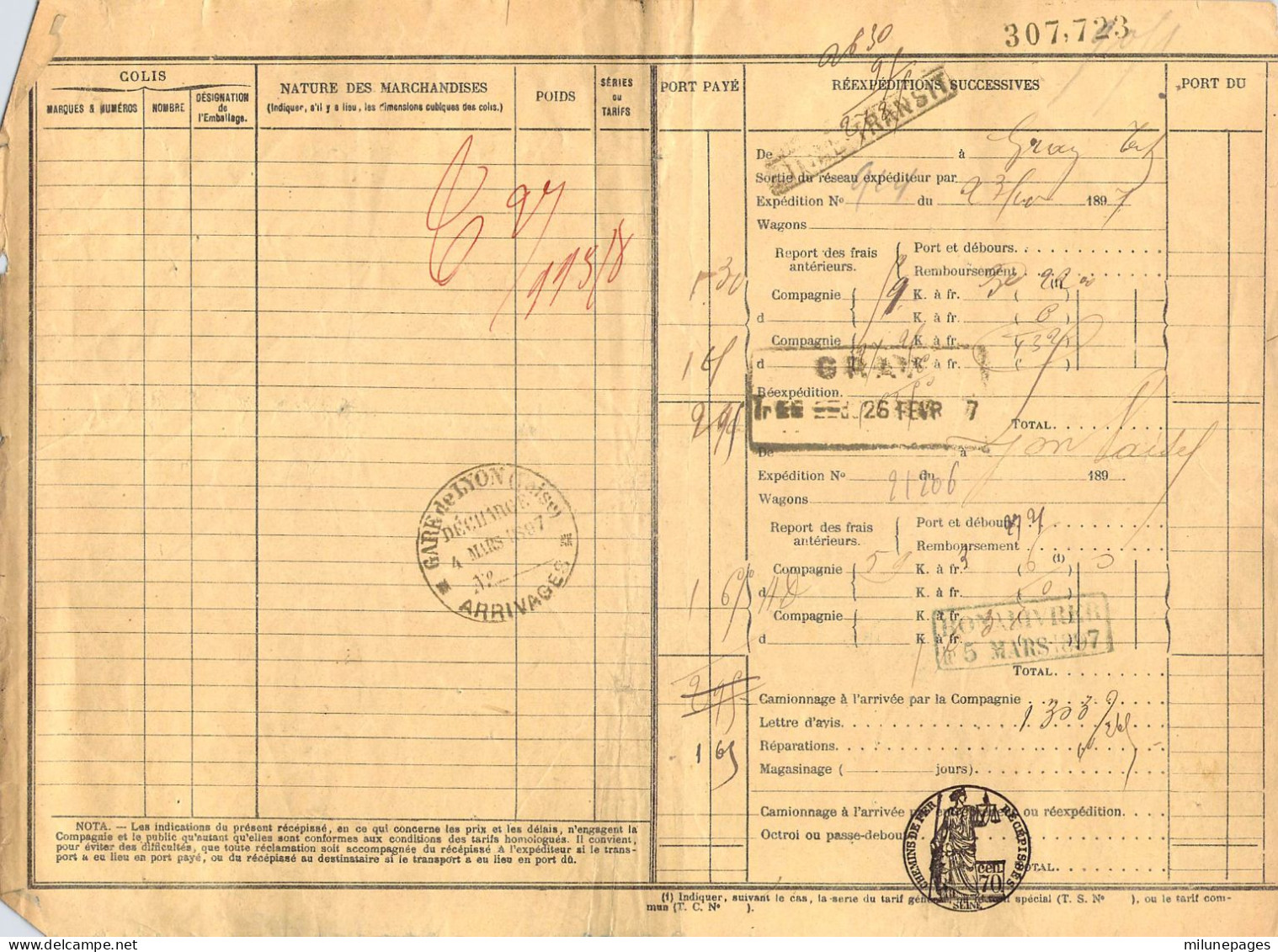 Récepissé Transport Chemin De Fer D'Etival à Senones En Petite Vitesse Pour 1 Colis En 1897 Nombreux Cachets - Otros & Sin Clasificación