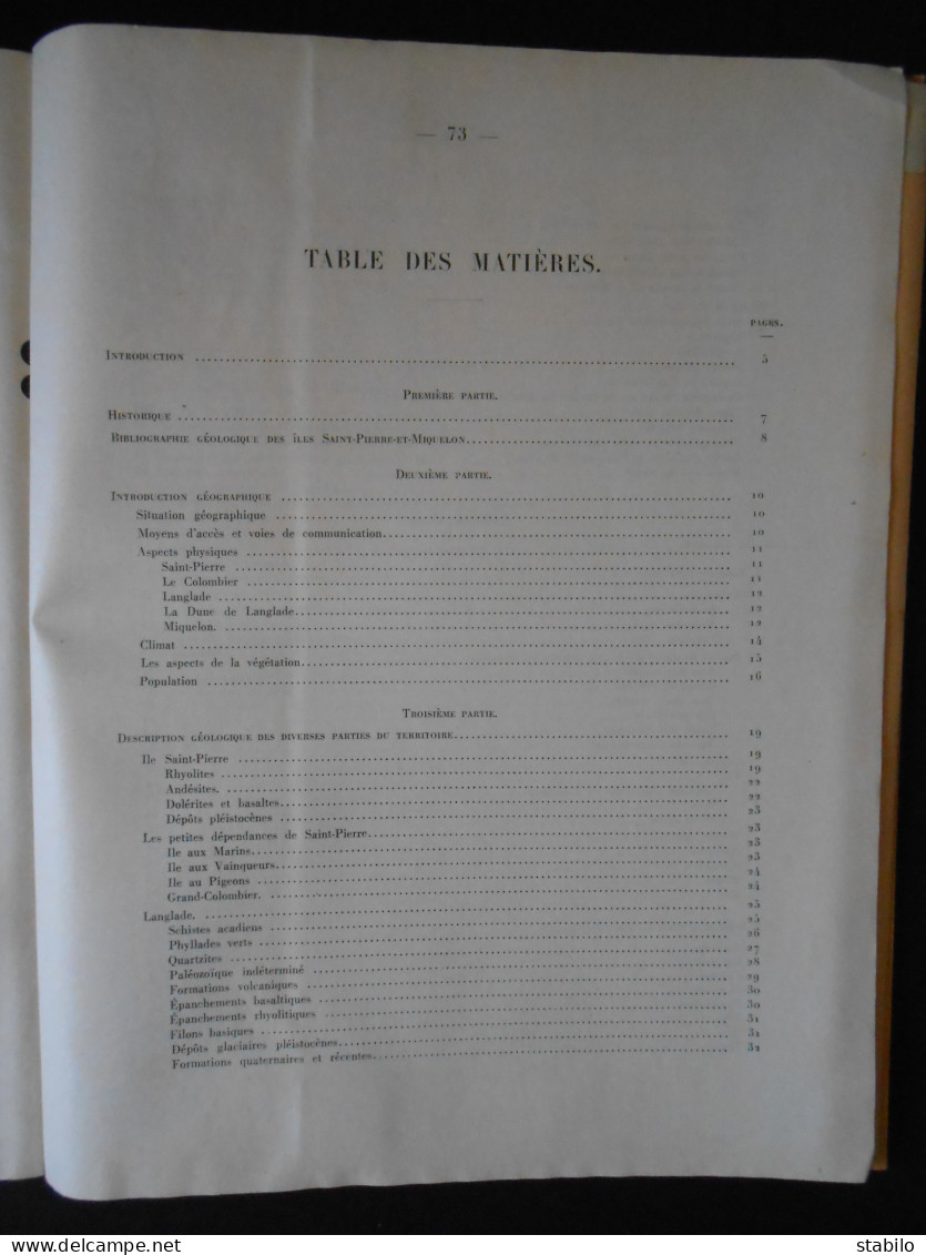 ILES SAINT-PIERRE ET MIQUELON - RECHERCHES GEOLOGIQUES ET MINIERES PAR E. AUBERT DE LA RUE - 1951 - CARTE INCLUSE - Outre-Mer