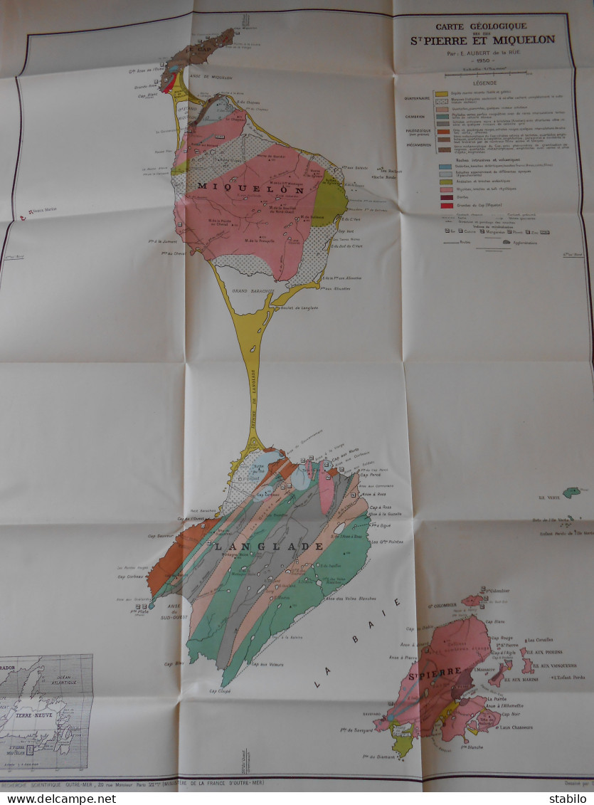 ILES SAINT-PIERRE ET MIQUELON - RECHERCHES GEOLOGIQUES ET MINIERES PAR E. AUBERT DE LA RUE - 1951 - CARTE INCLUSE