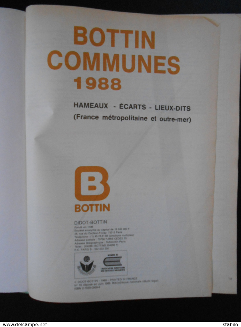 DICTIONNAIRE DES COMMUNES - BOTTIN EDITION 1988 - Wörterbücher