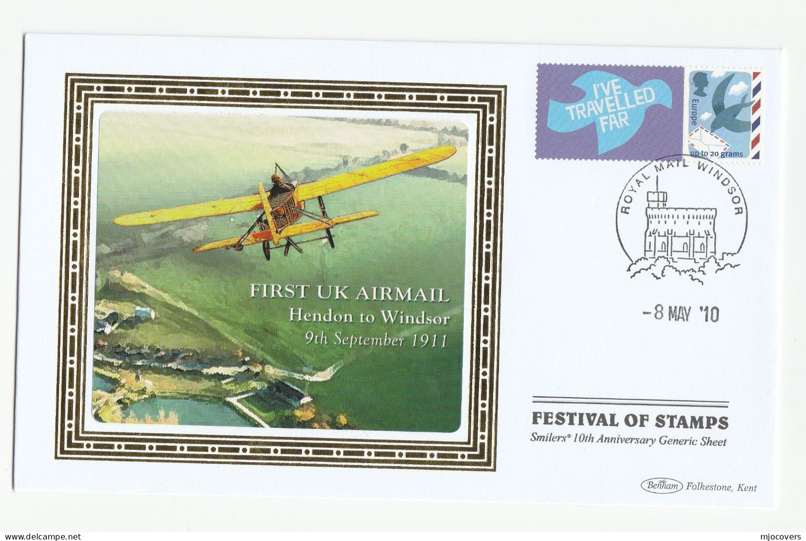 AVIATION Europe Rate Smilers 2010 Festival Of Stamps Special SILK  FDC Illus 1911 AIRCRAFT Cover GB - 2001-10 Ediciones Decimales