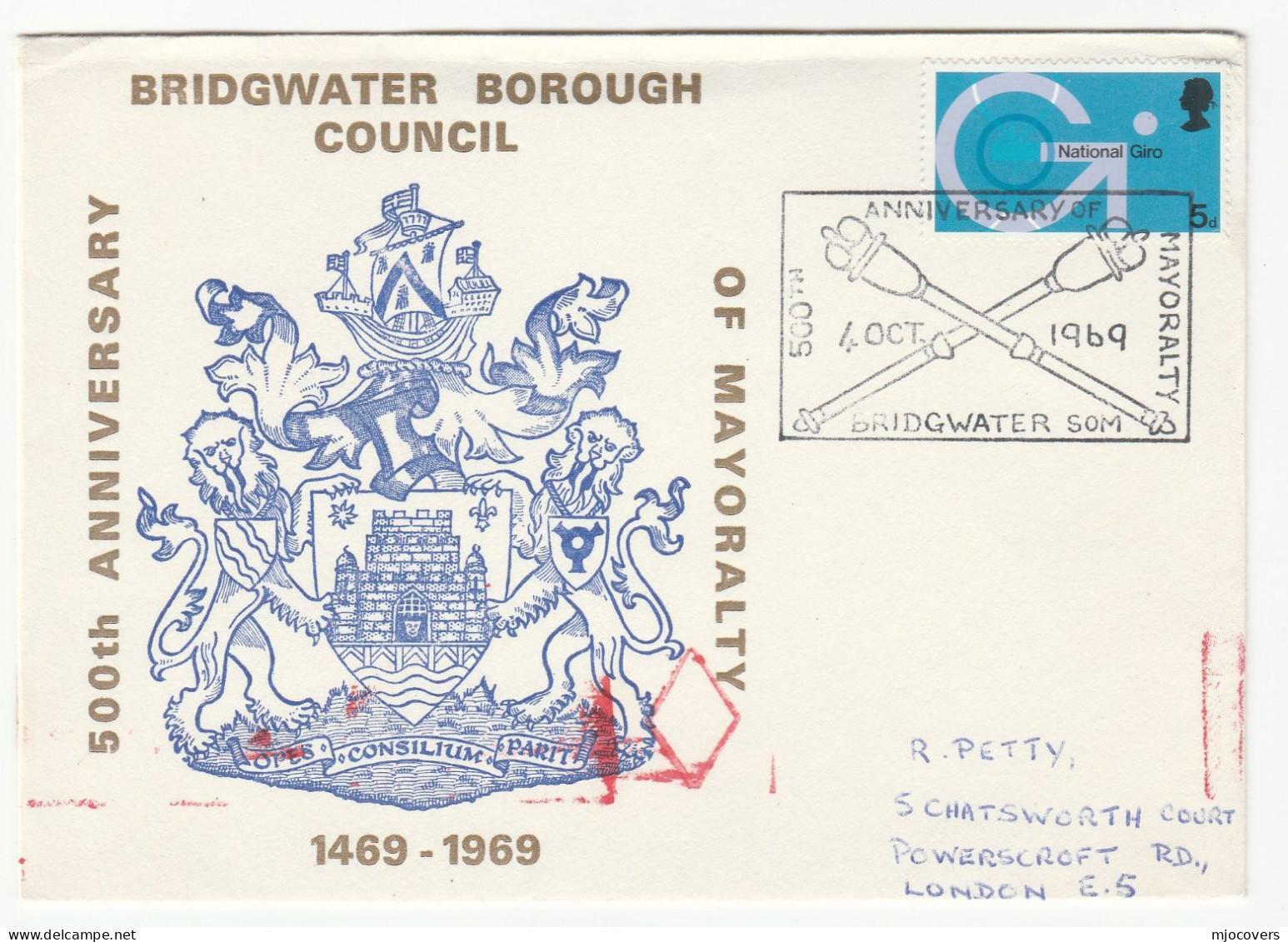1969 BRIDGWATER MAYORIAL MACE 500th Anniv BOROUGH Council EVENT COVER GB Stamps - Covers & Documents