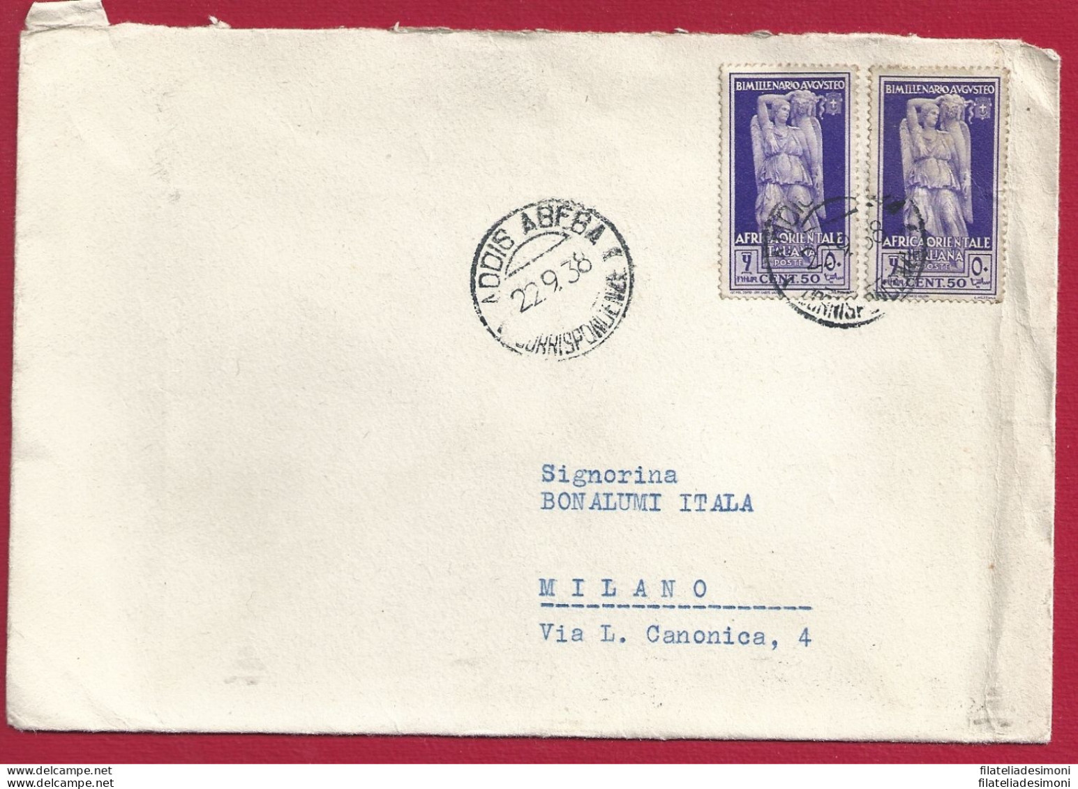 1938 A.O.I., Lettera Affrancata  50 Cent. Violetto N° 24 (x2) - Africa Orientale Italiana