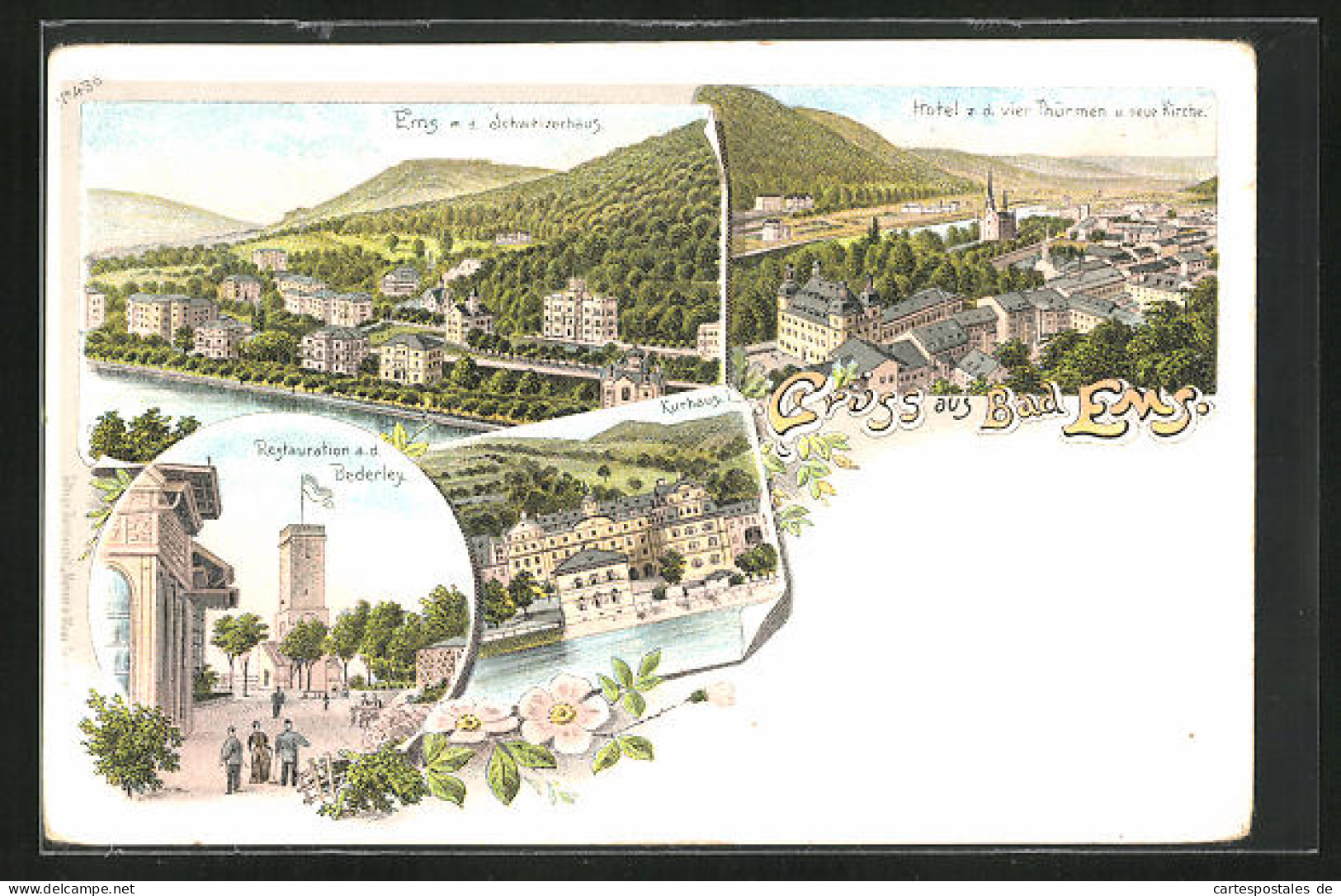 Lithographie Bad Ems, Restaurant A. D. Bederley Mit Aussichtsturm, Hotel Z. D. Vier Türmen Mit Neuer Kirche  - Bad Ems