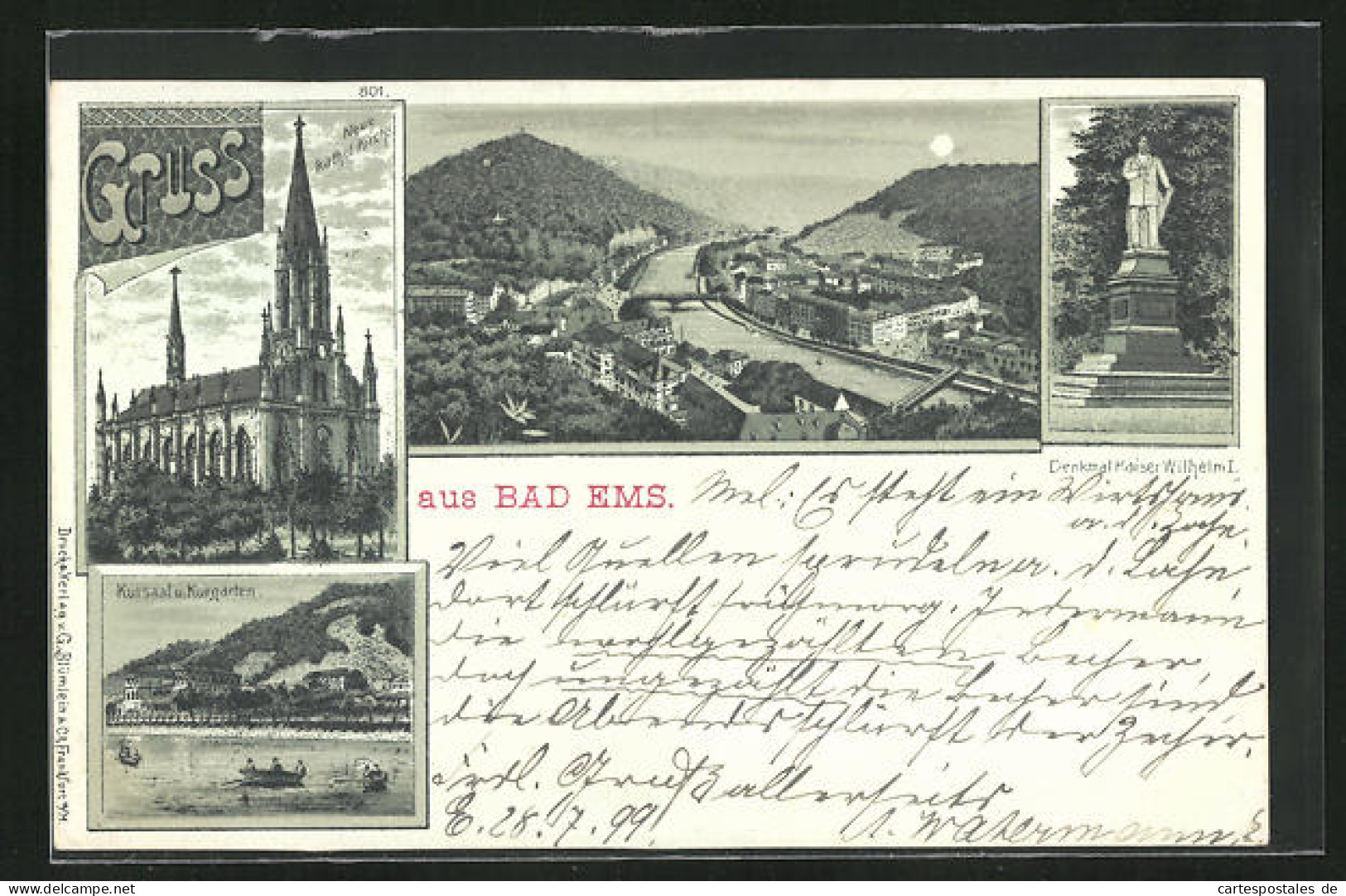 Mondschein-Lithographie Bad Ems, Kursaal Mit Kurgarten, Denkmal Von Kaiser Wilhelm I., Neue Kath. Kirche  - Bad Ems