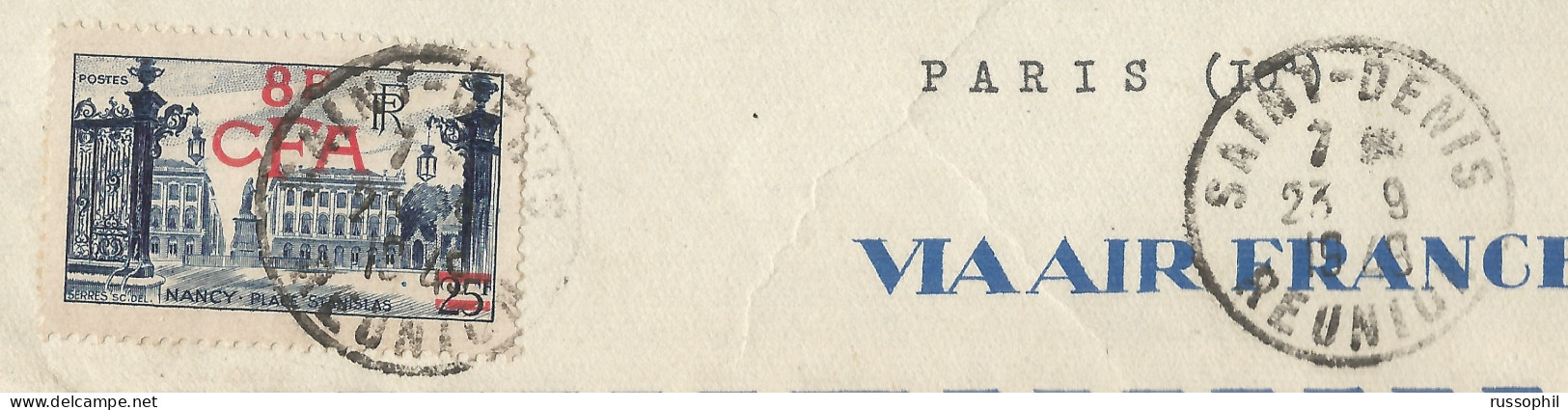 REUNION - OVERCHARGED 8 F CFA STAMP FRANKING COMMERCIAL AIR COVER FROM SAINT DENIS TO MAINLAND FRANCE - 1949 - Lettres & Documents