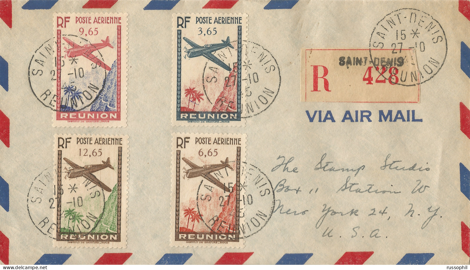 REUNION - 30 FR 60 CENT.  4 STAMP FRANKING ON REGISTERED AIR COVER FROM SAINT DENIS TO THE USA - 1945 - Lettres & Documents