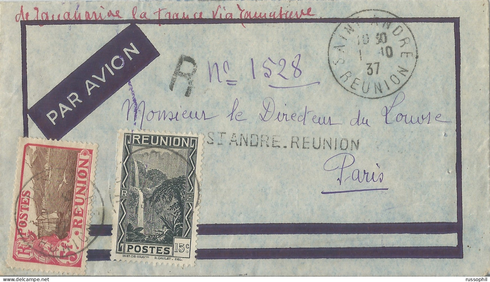 REUNION - 5 FR 15 CENT.  2 STAMP FRANKING ON REGISTERED AIR COVER FROM SAINT ANDRE TO MAINLAND FRANCE - 1937 - Covers & Documents