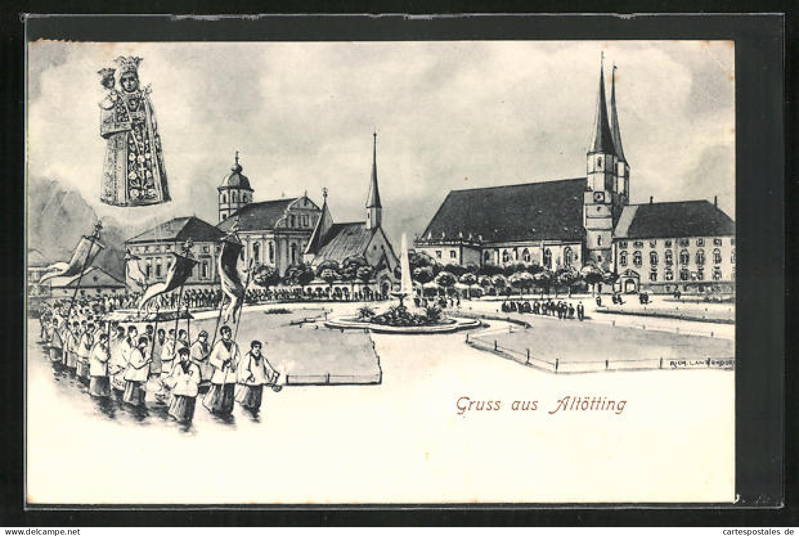 AK Altötting, Prozession Auf Dem Platz Mit Dem Brunnen An Der Kirche, Marienbild  - Altötting