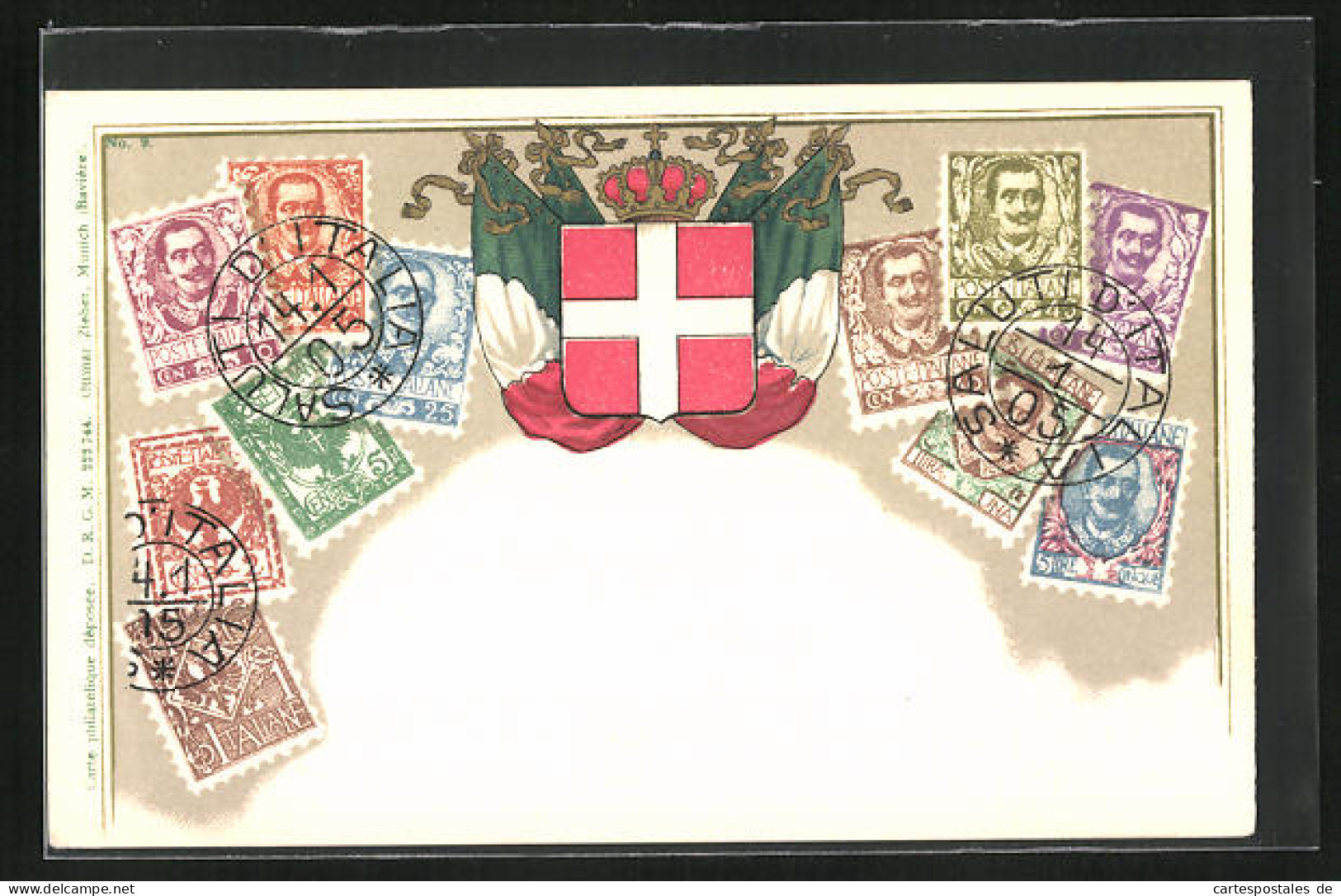 Lithographie Briefmarken Verschiedener Werte, Italienische Fahne  - Briefmarken (Abbildungen)
