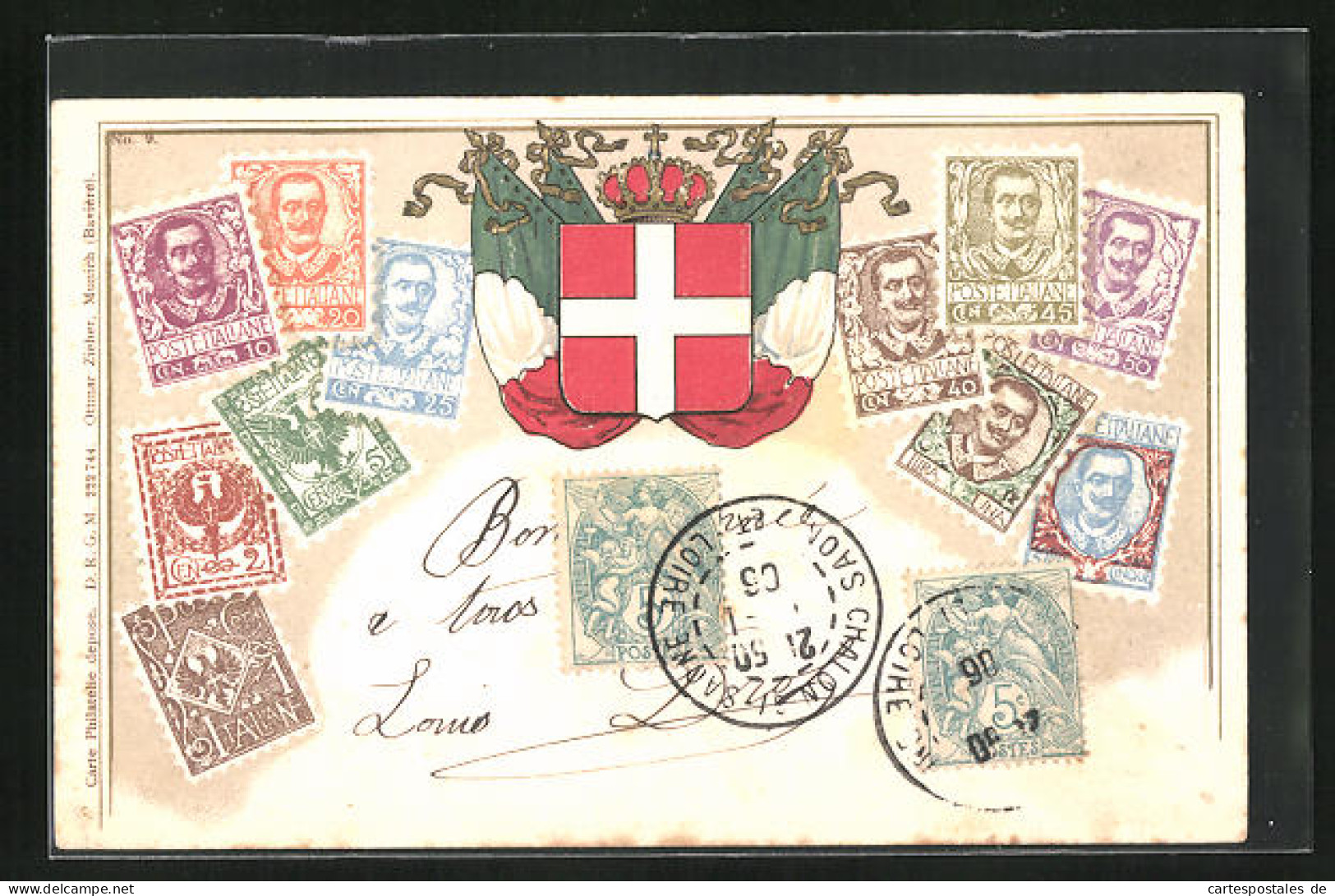 Präge-Lithographie Briefmarken, Italienflagge, Verschiedene Werte Der Lire Marken  - Briefmarken (Abbildungen)
