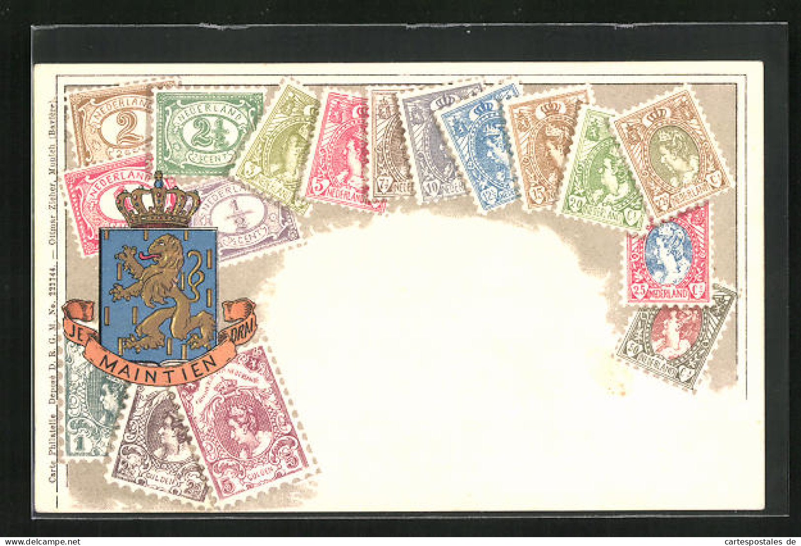 Präge-Lithographie Briefmarken Der Niederlande, Werte In Gulden, Wappen Mit Goldenem Löwen  - Stamps (pictures)