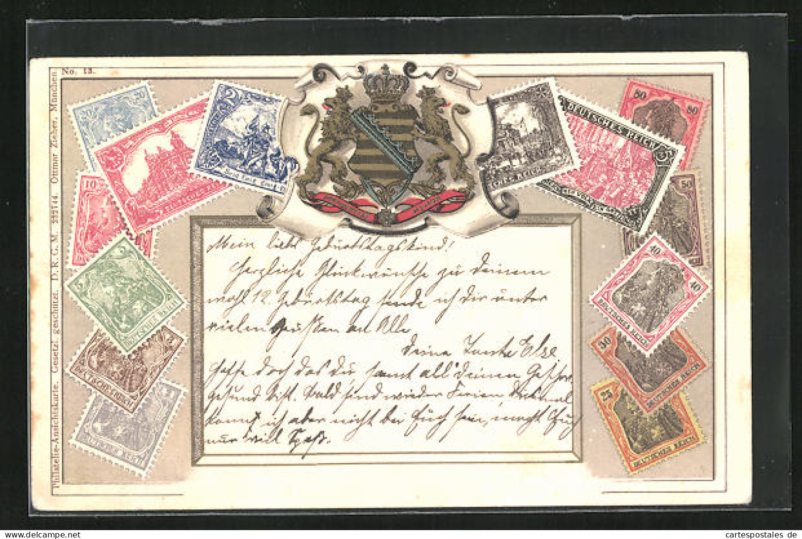 Lithographie Briefmarken Von Deutschland Verschiedener Werte, Wappen Mit Löwen Und Krone  - Timbres (représentations)