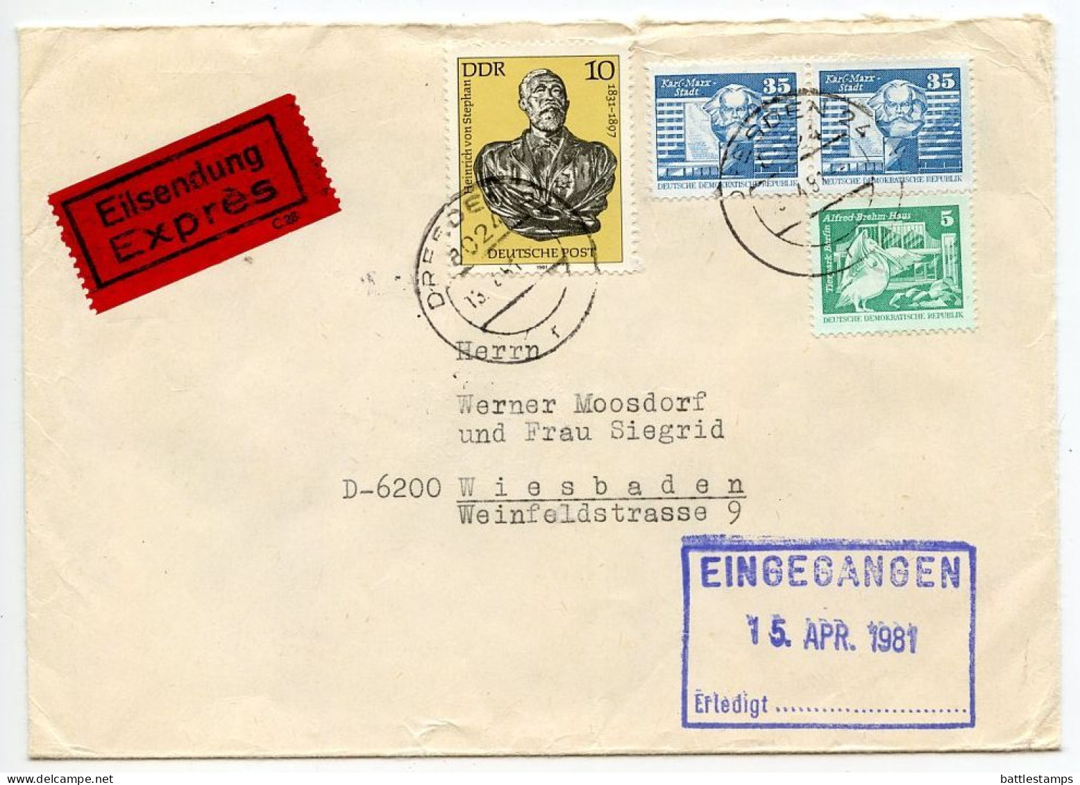Germany, East 1981 Express Cover; Dresden To Wiesbaden; Stamps - Heinrich Von Stephen, Karl-Marx-Stadt, Berlin Zoo - Lettres & Documents