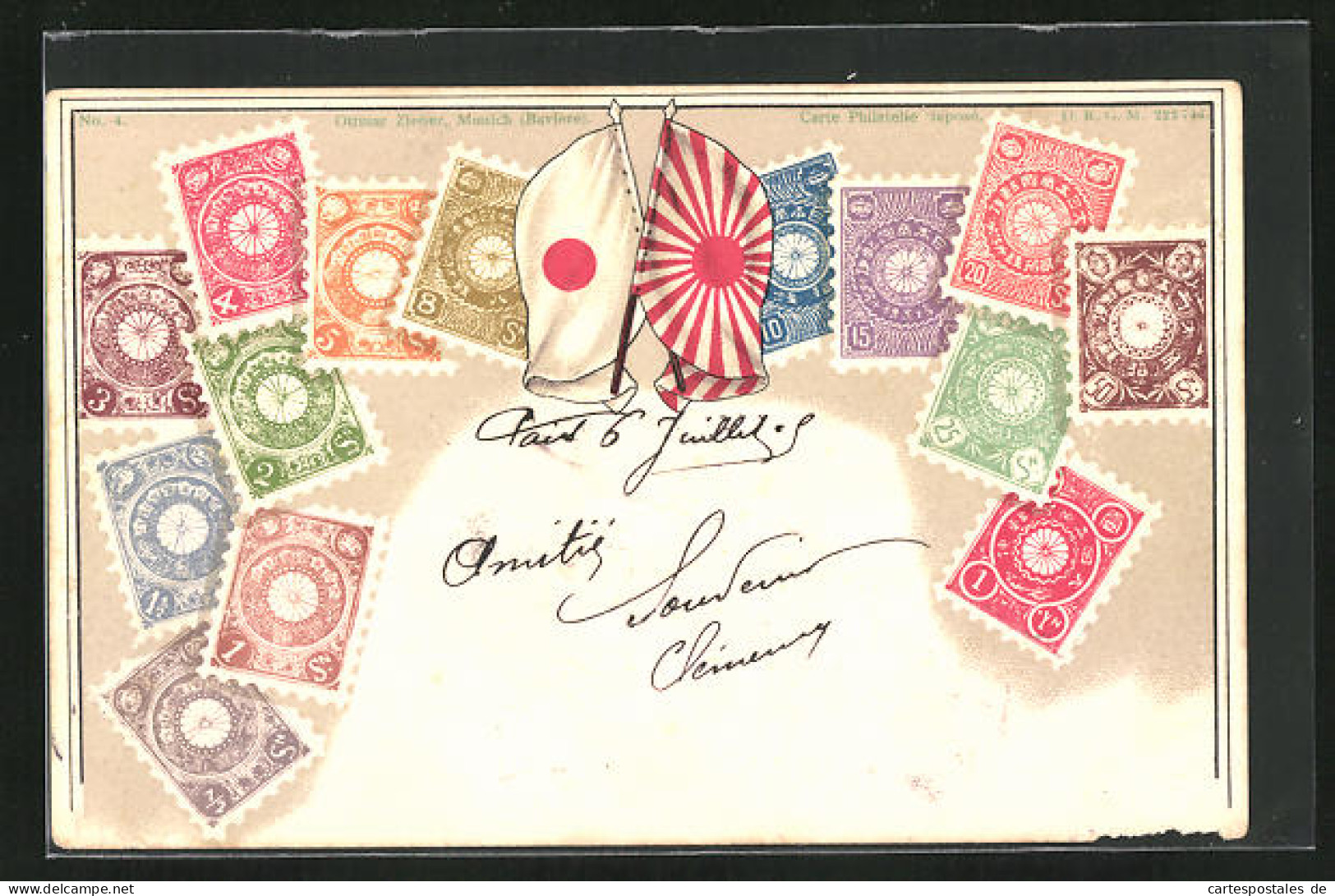 Präge-Lithographie Briefmarken Von Japan Verschiedener Werte, Landesflagge  - Timbres (représentations)