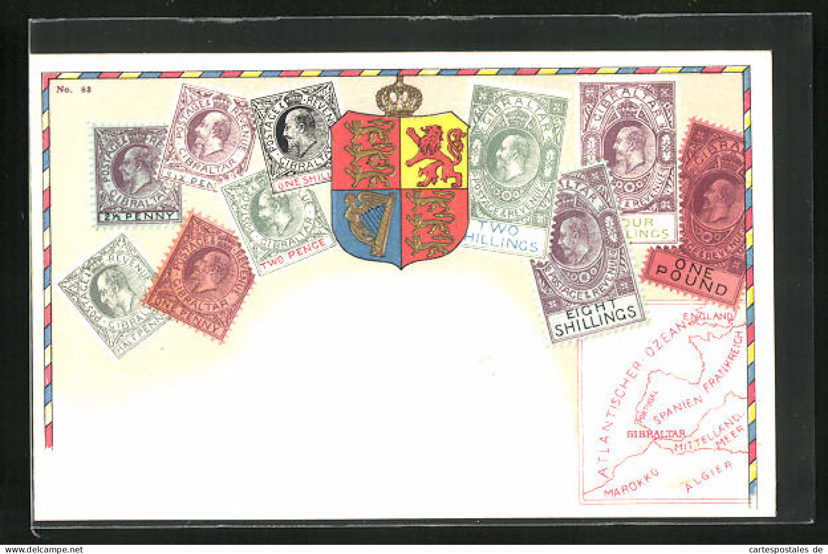 Präge-Lithographie Briefmarken Von Gibraltar Verschiedener Werte, Landkarte Mit Europa Und Nordafrika, Wappen  - Francobolli (rappresentazioni)