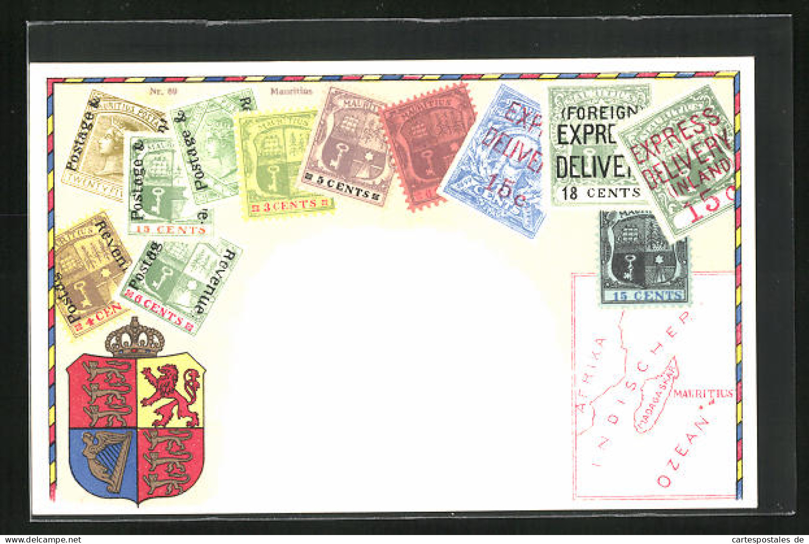 Lithographie Briefmarken Von Mauritius Verschiedener Werte, Landkarte Der Inseln östlich Von Afrika, Wappen Mit Krone  - Briefmarken (Abbildungen)