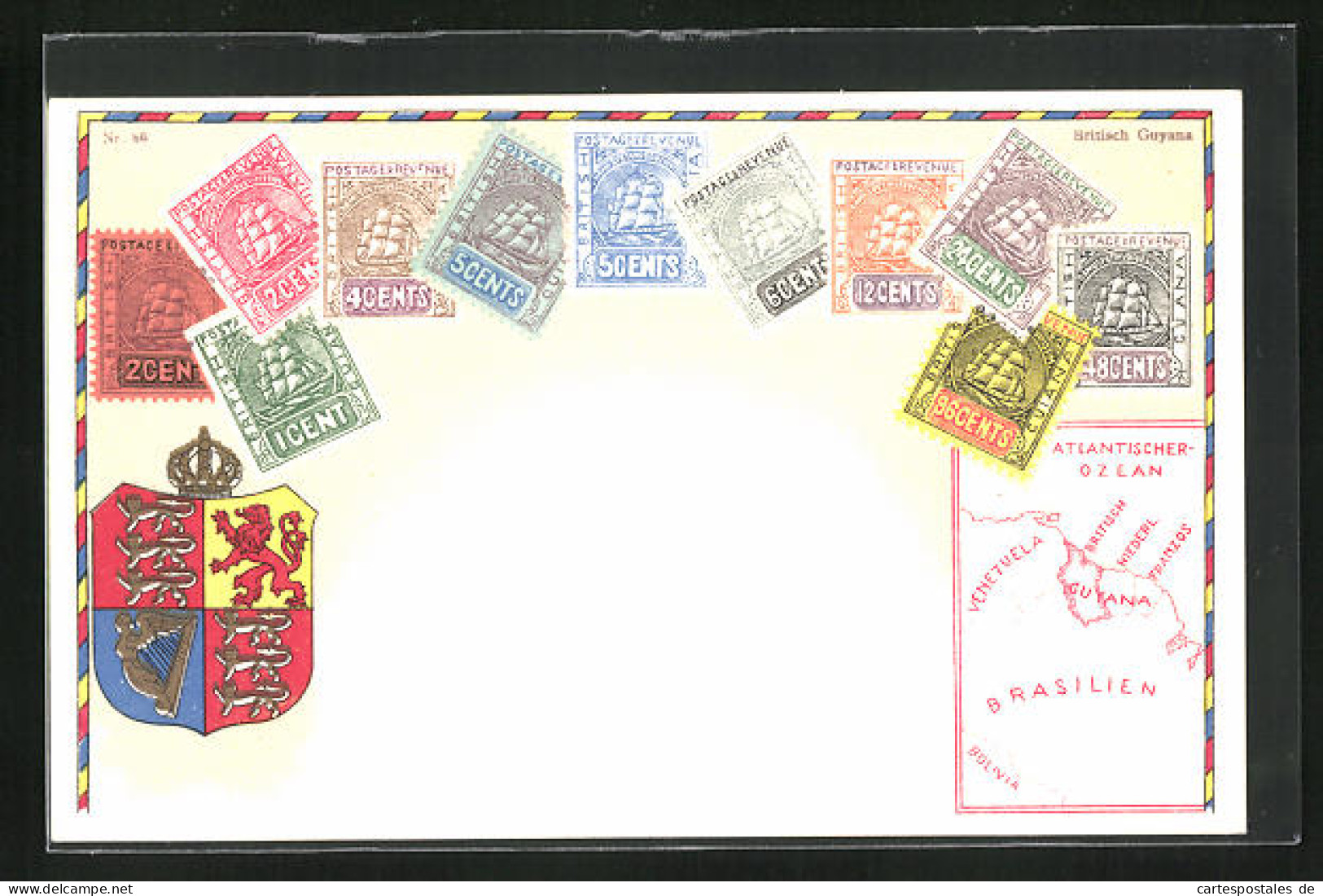 Lithographie Briefmarken Von Britisch Guyana Verschiedener Werte, Wappen Mit Krone, Landkarte Des Landes  - Timbres (représentations)