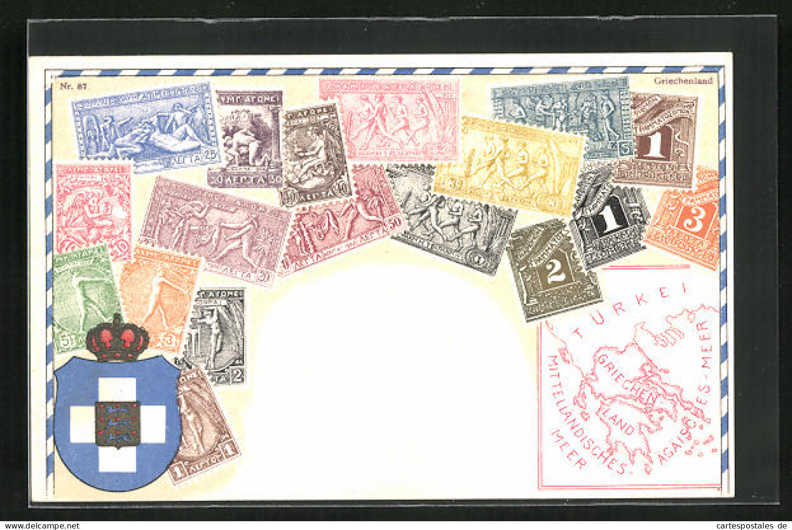 Präge-Lithographie Briefmarken Von Griechenland Verschiedener Werte, Landkarte Des Landes Südlich Der Türkei, Wappen  - Timbres (représentations)