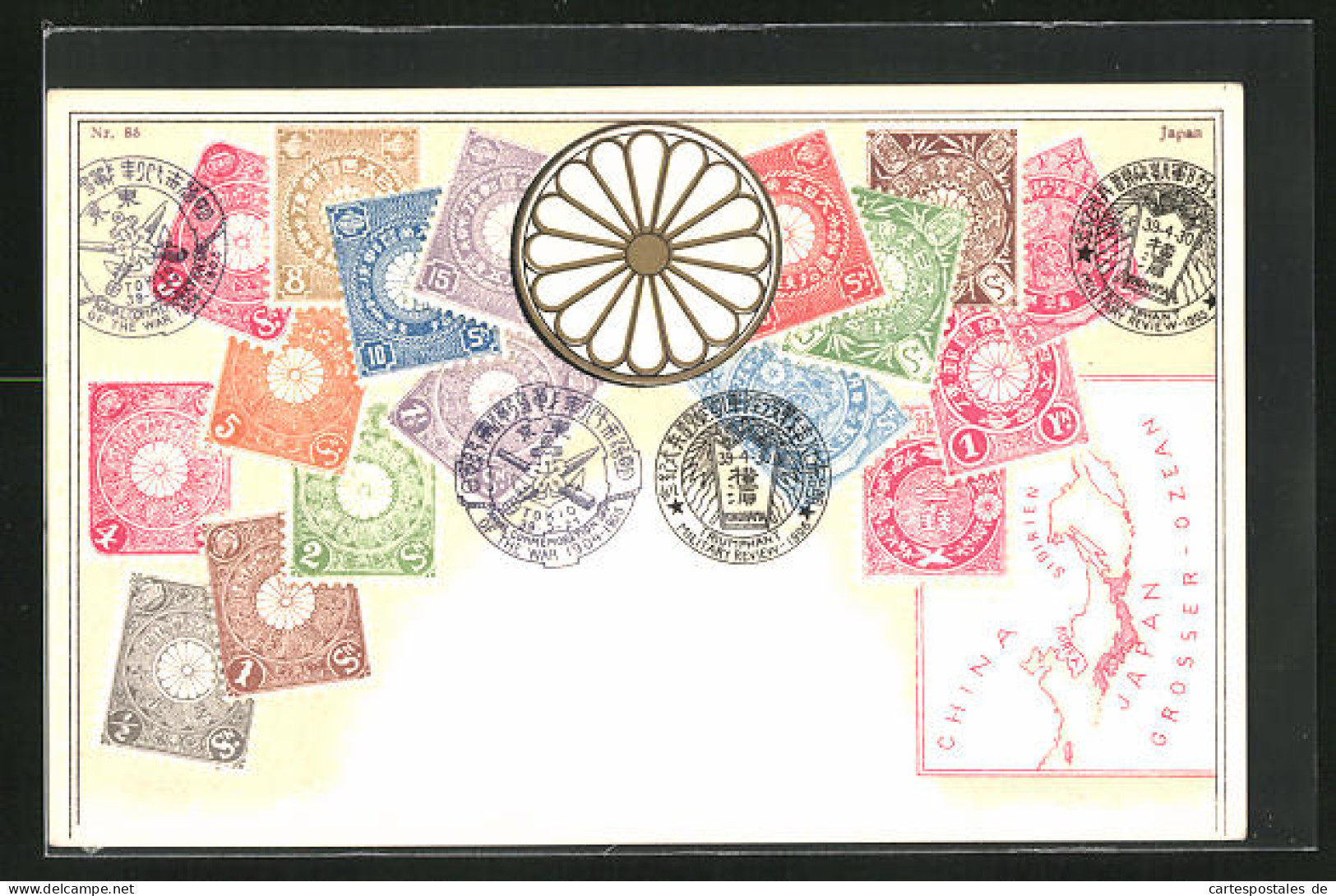 Lithographie Briefmarken Von Japan Verschiedener Werte, Landkarte Des Landes, Goldene Blume  - Briefmarken (Abbildungen)