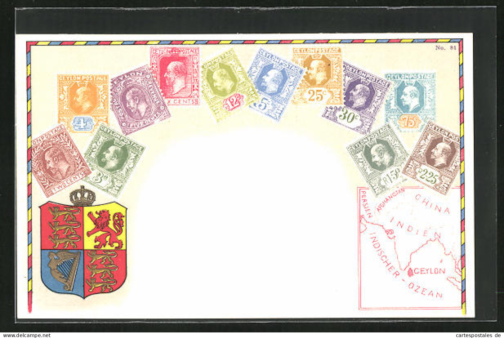 Lithographie Briefmarken Von Ceylon Verschiedener Werte, Landkarte Der Region, Wappen Mit Goldener Krone  - Francobolli (rappresentazioni)