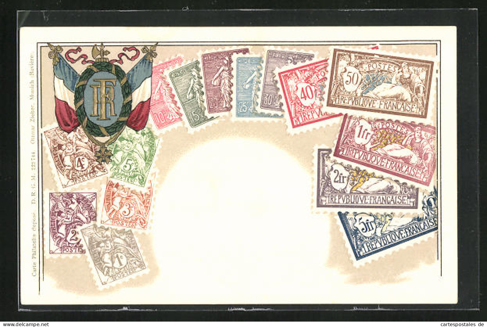 Präge-Lithographie Briefmarken Von Frankreich Verschiedener Werte, Kranz In Gold Mit Landesflaggen  - Sellos (representaciones)