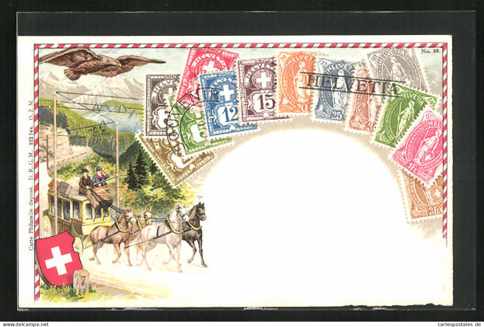 Präge-Lithographie Briefmarken Mit Verschiedenen Werten, Adler Und Postkutsche  - Briefmarken (Abbildungen)