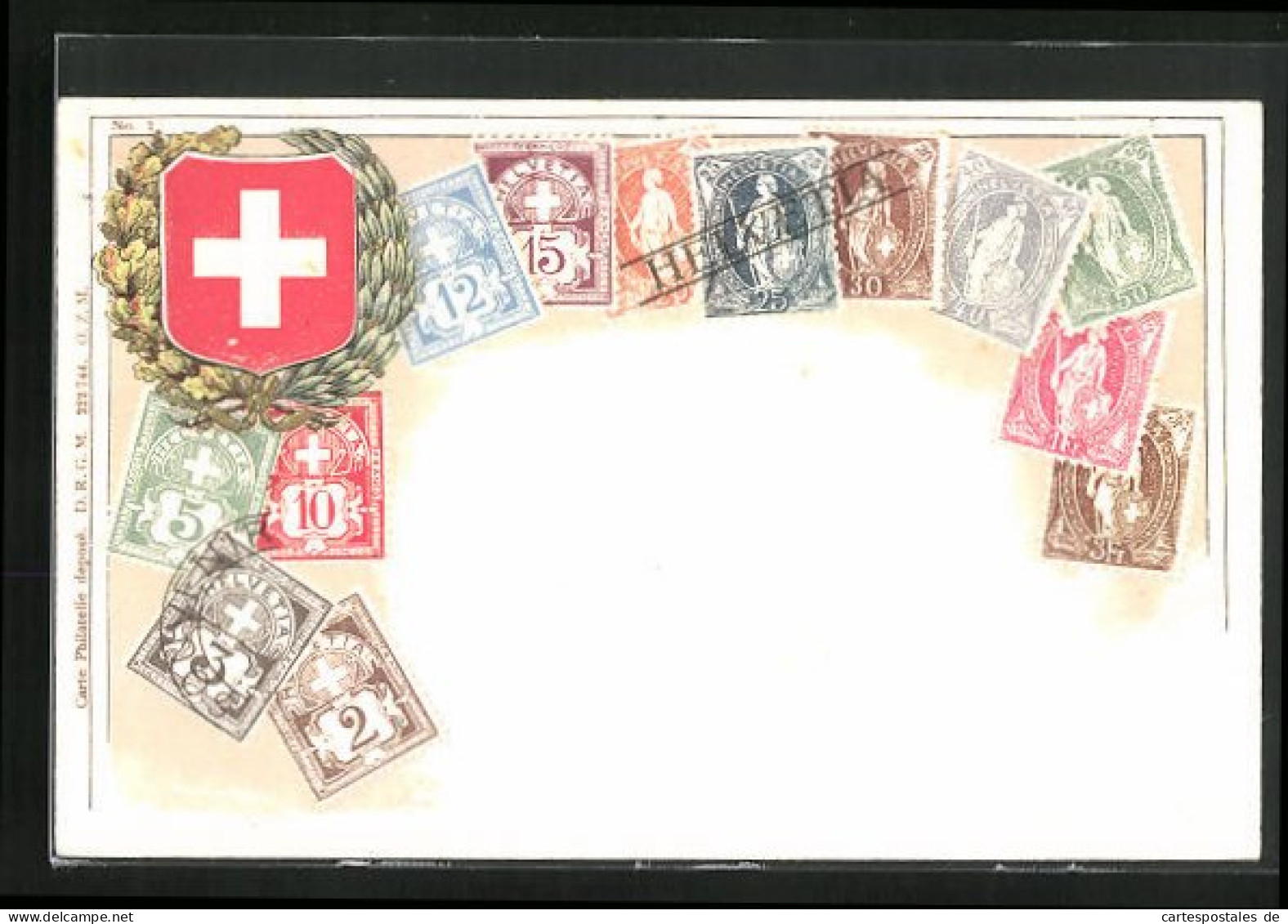 Präge-Lithographie Briefmarken Mit Verschiedenen Werten, Schweiz, Wappen Mit Landesfarben, Kranz Aus Eichenlaub  - Timbres (représentations)