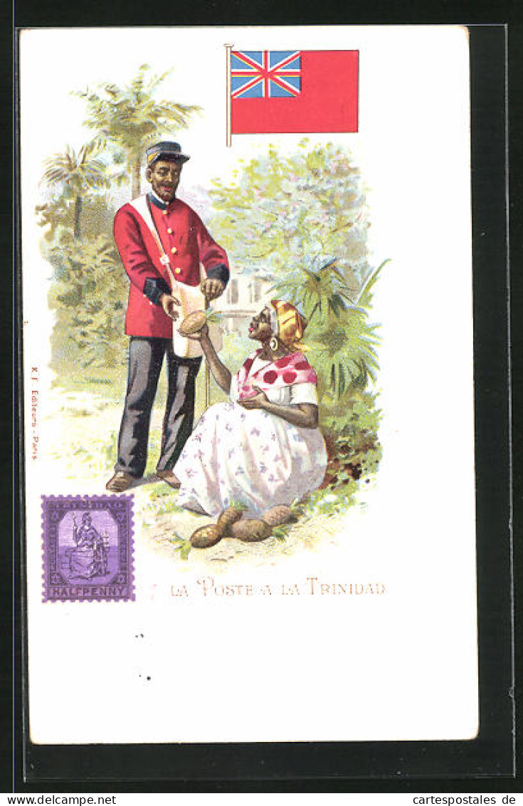 Lithographie Brief, Landesflagge, Trinidad, Frau In Landestracht Mit Postboten  - Post & Briefboten