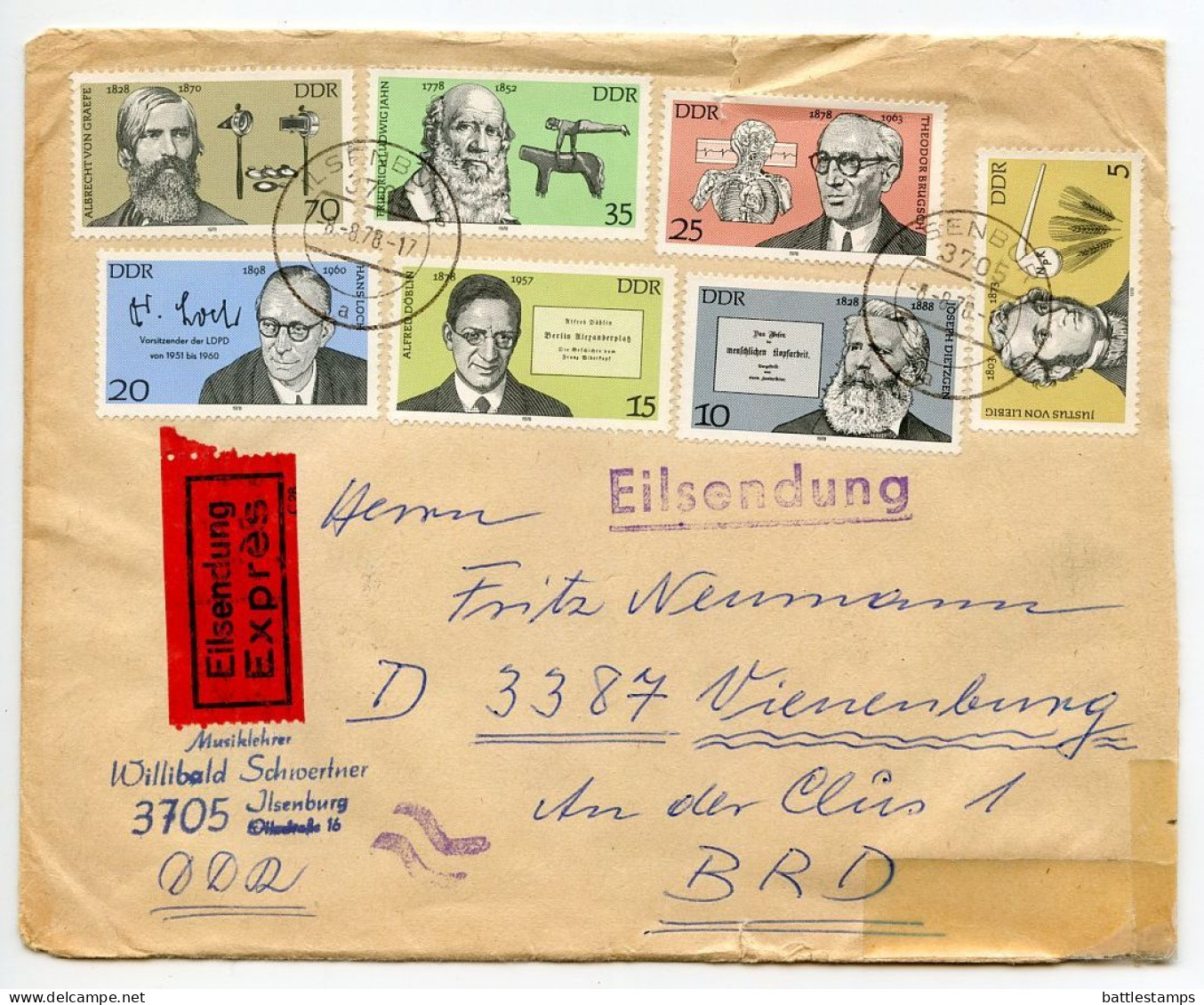 Germany, East 1978 Express Cover; Ilsenburg To Vienenburg; Famous Germans Stamps, Full Set - Cartas & Documentos