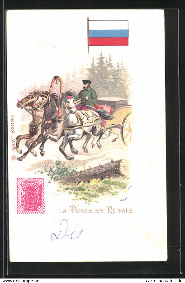 Lithographie Brief, Landesflagge, Russland, Bote Auf Seiner Postkutsche  - Poste & Facteurs