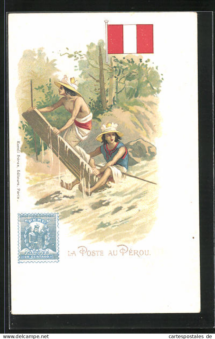 Lithographie Brief, Landesflagge, Peru, Bostbote Mit Briefen Am Hut Unterwegs Auf Einem Fluss  - Post & Briefboten