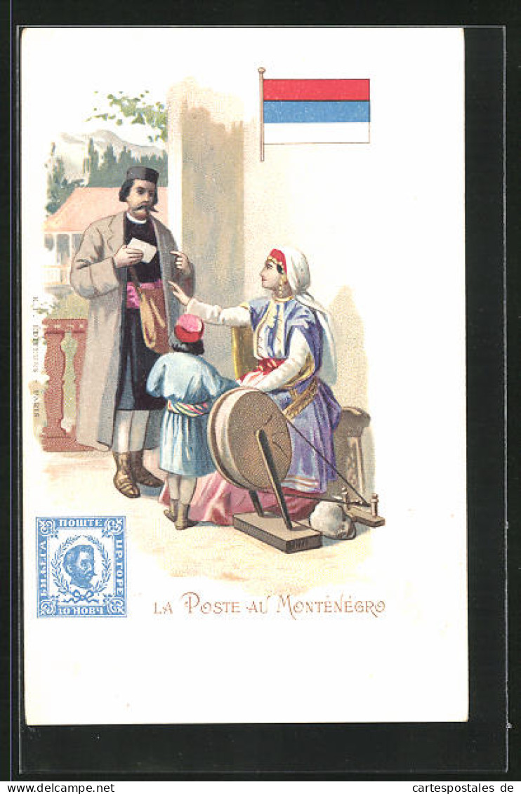 Lithographie Brief, Landesflagge, Montenegro, Postbote Mit Frau In Trachten  - Poste & Facteurs