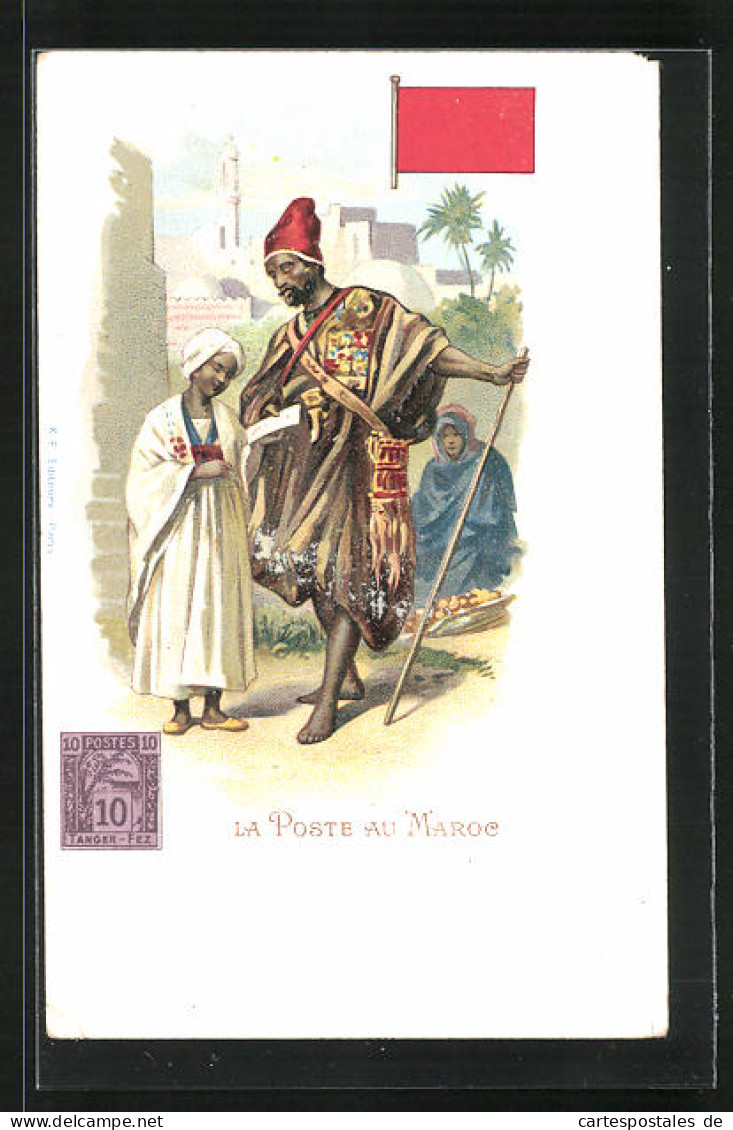 Lithographie Brief, Landesflagge, Marokko, Postbote In Landestypischer Tracht  - Poste & Facteurs