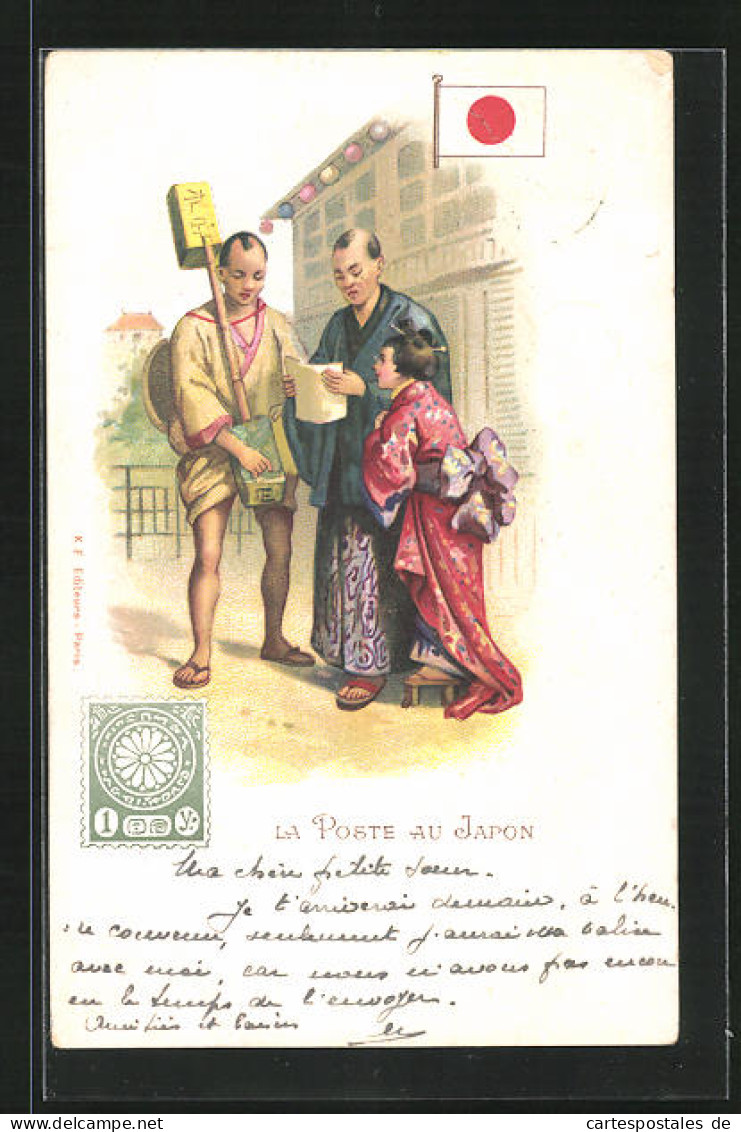 Lithographie Brief, Landesflagge, Japan, Postbote Und Paar In Volkstrachten  - Post