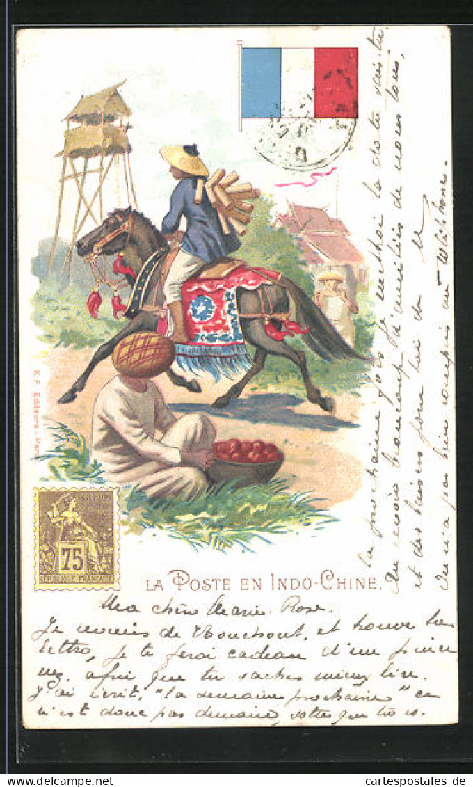 Lithographie Brief, Landesflagge, Indochina, Postbote Auf Einem Pferd  - Postal Services